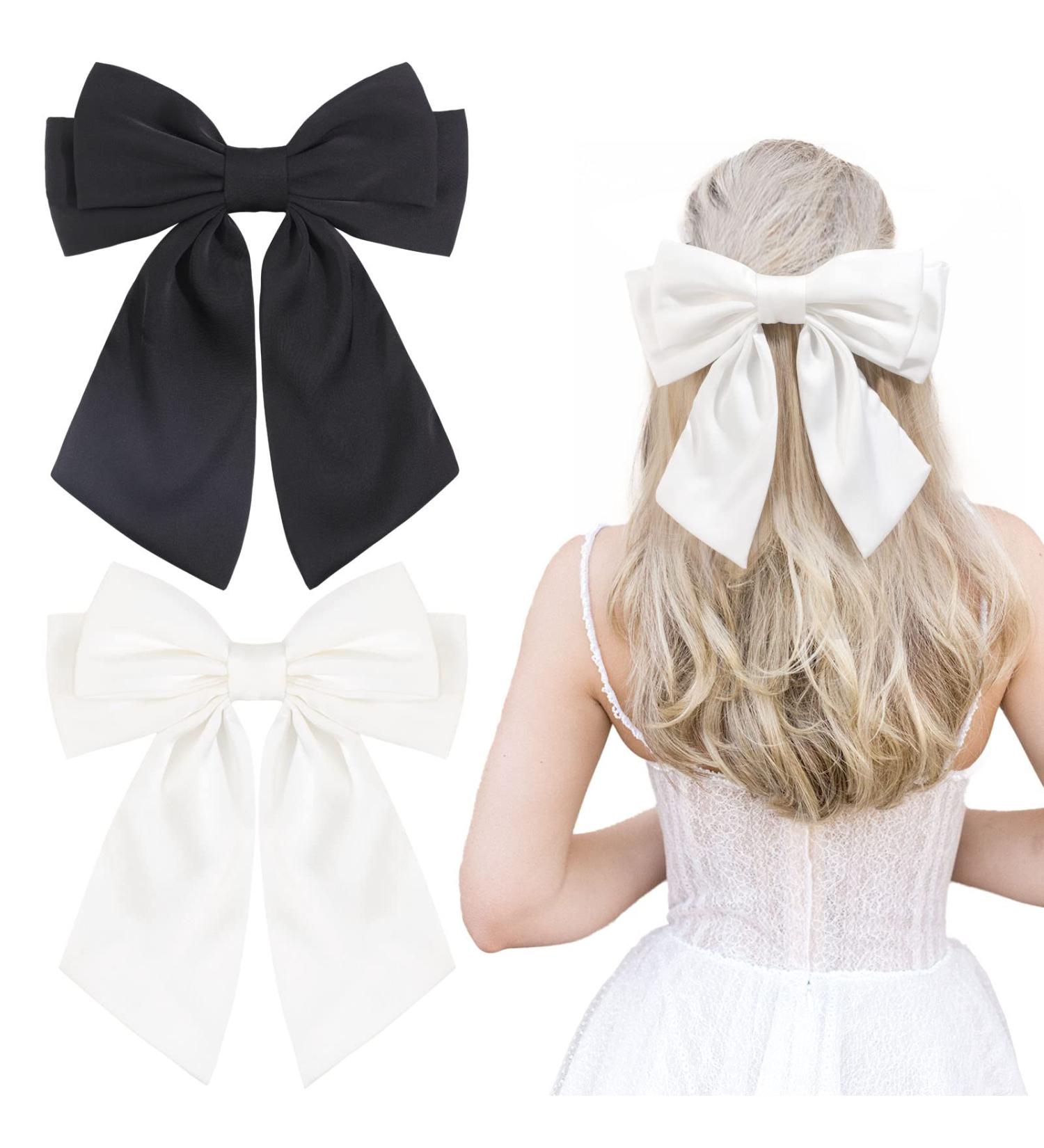 2Pcs Big Satin Layered Hair Bows for Women Girls - 8 Inch Large Hair Clip Barrette French Style Hair Accessories in White and Black - Buy Online on GoSupps.com
