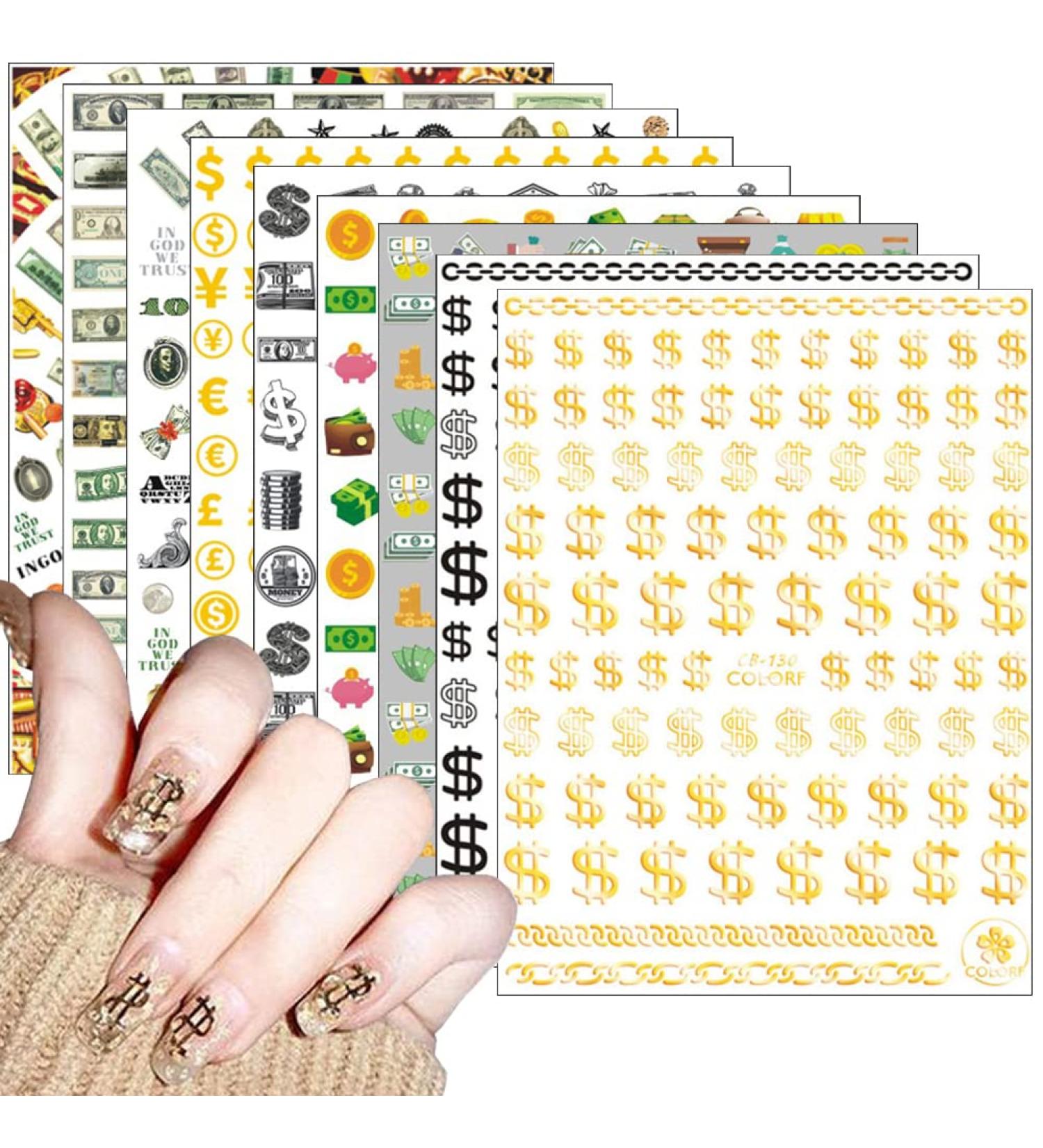 Dollar Sign 3D Nail Art Stickers - 12 Sheets Gold Self Adhesive Decals for Luxury Manicure Designs - Buy Online on GoSupps.com