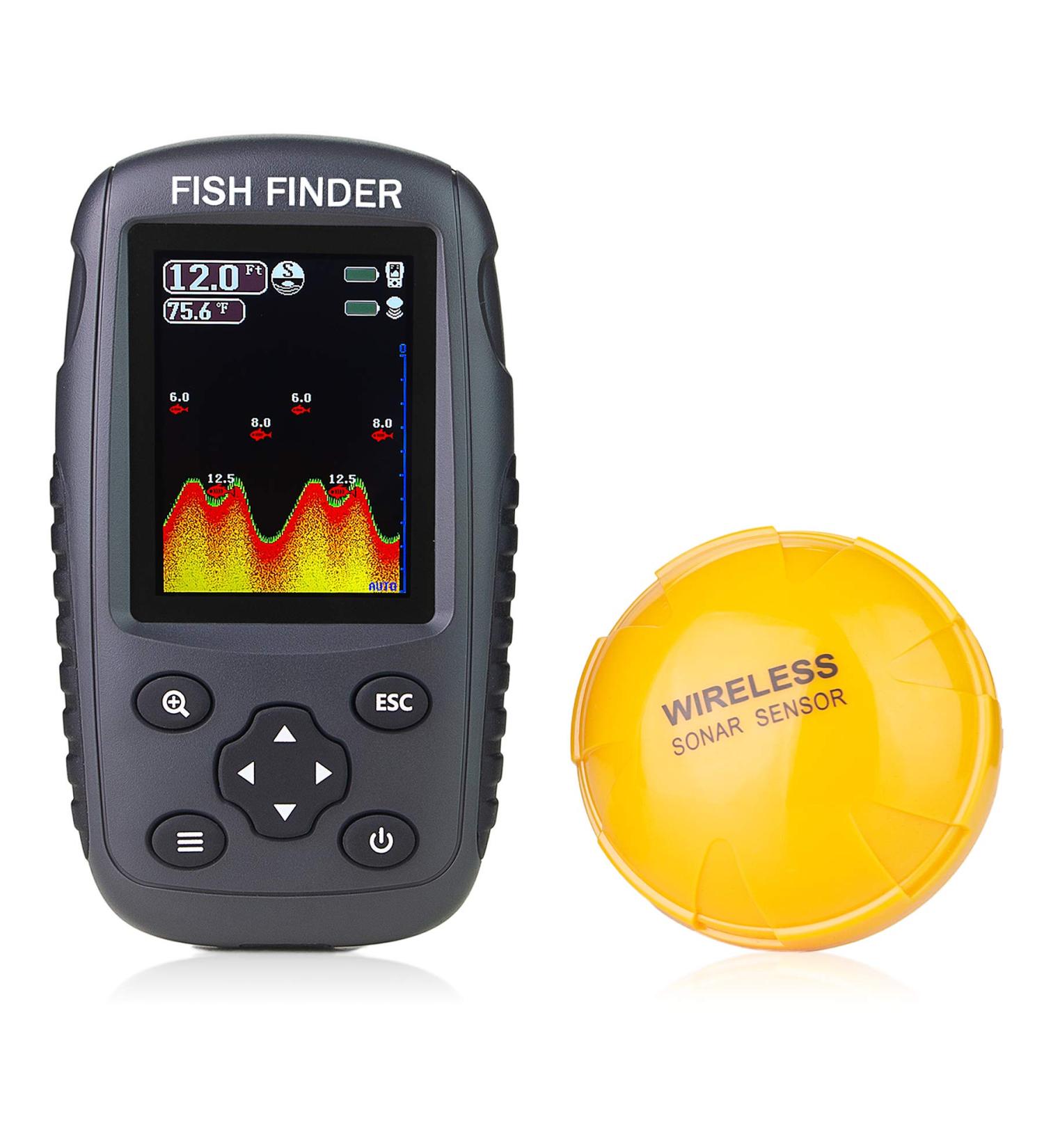 Venterior Portable Rechargeable Fish Finder with Wireless Sonar Sensor - Color LCD Display - Fish Size, Depth, Water Temperature - Bottom Contour Detection - Black - Buy Online on GoSupps.com