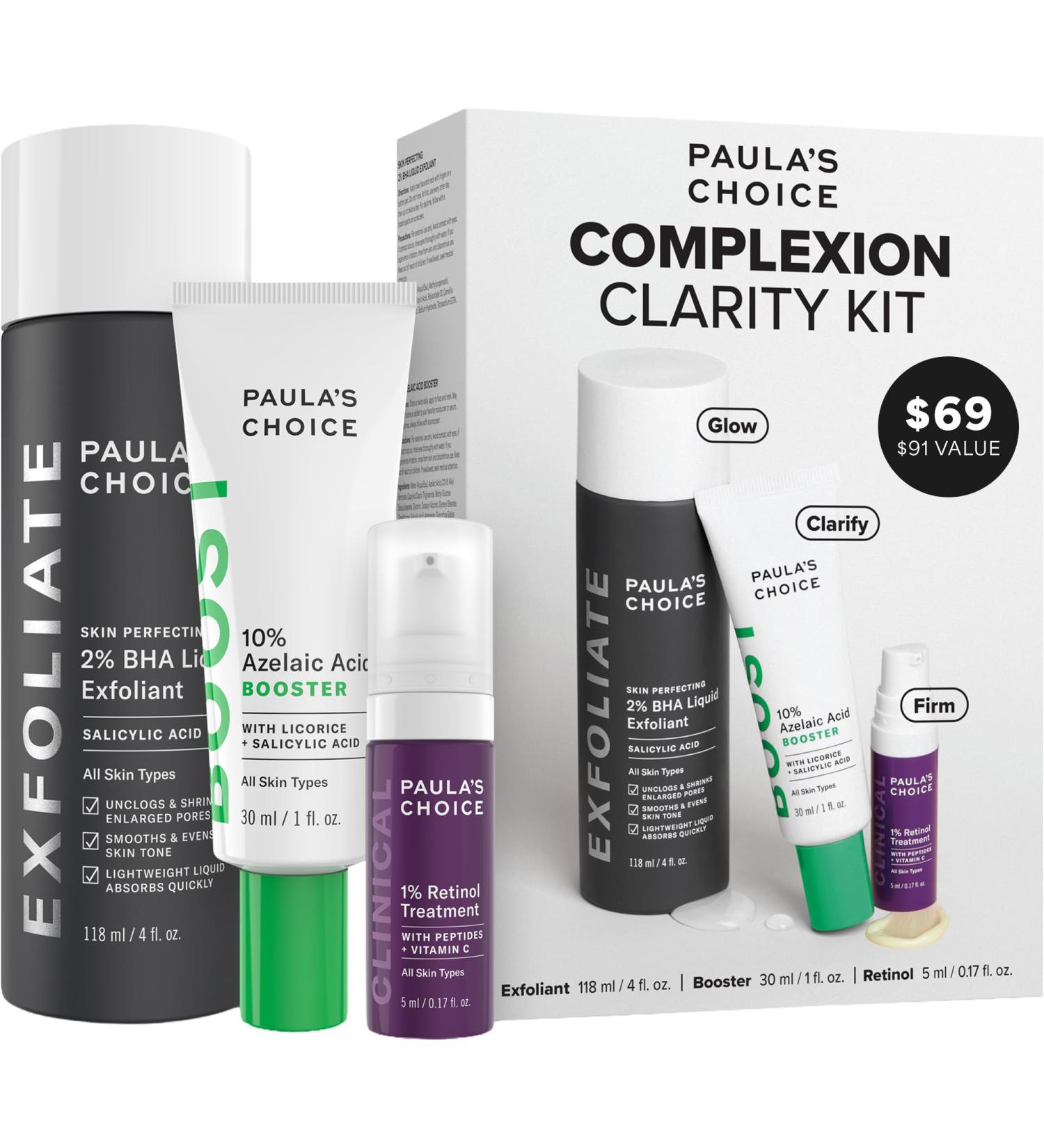 Paula's Choice Complexion Clarity Kit 3 Piece Set Includes Full-Sized 2% BHA Exfoliant 1% Retinol Treatment Full-Sized 10% Azelaic Acid Booster Skin Care Set for Clear Glowing Skin - Buy Online on GoSupps.com