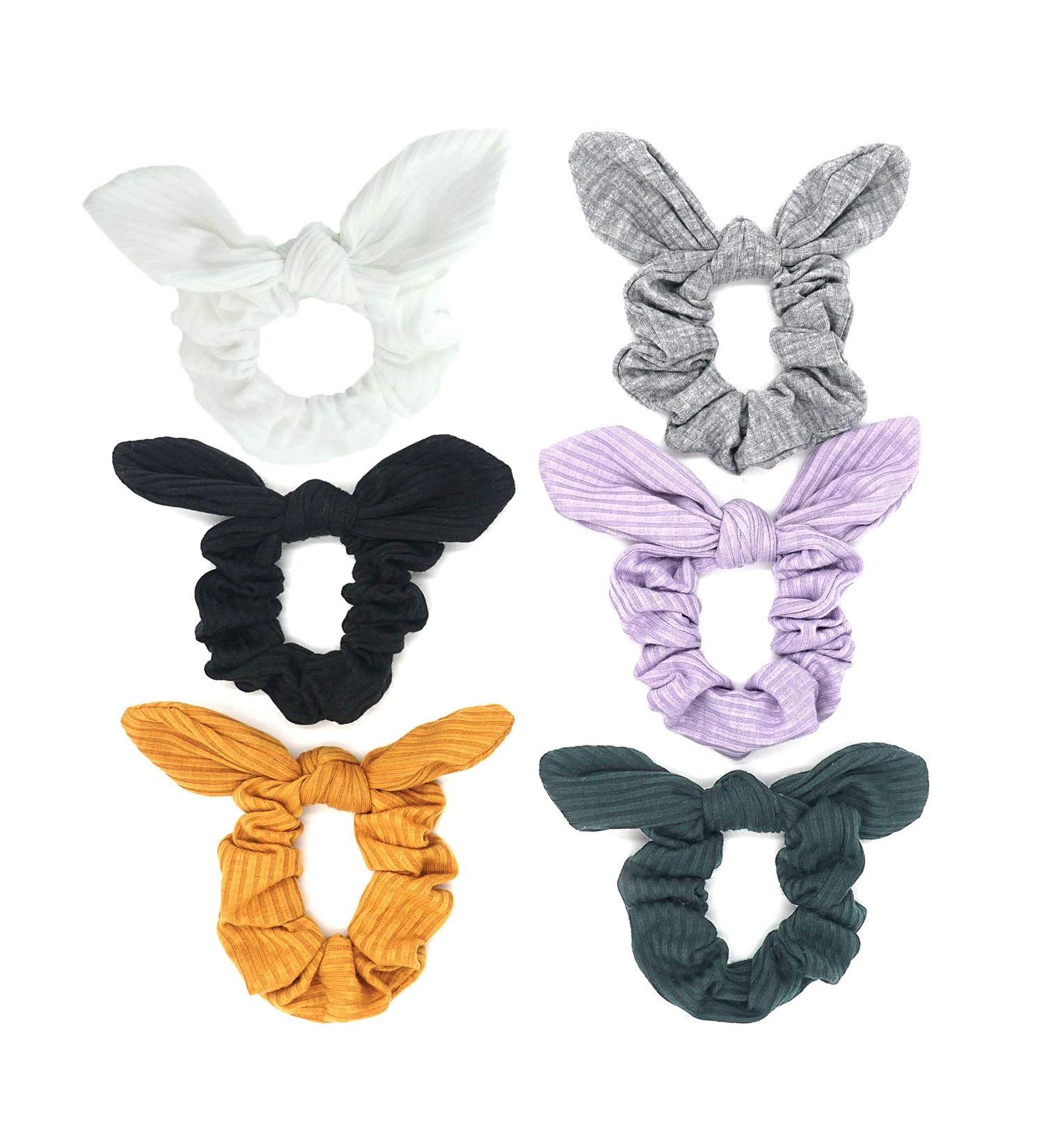 Bunny Ear Cotton Bow Scrunchies for Women & Girls - Set of 5 (Black, White, Grey, Purple, Yellow, Dark Green) - Buy Online on GoSupps.com