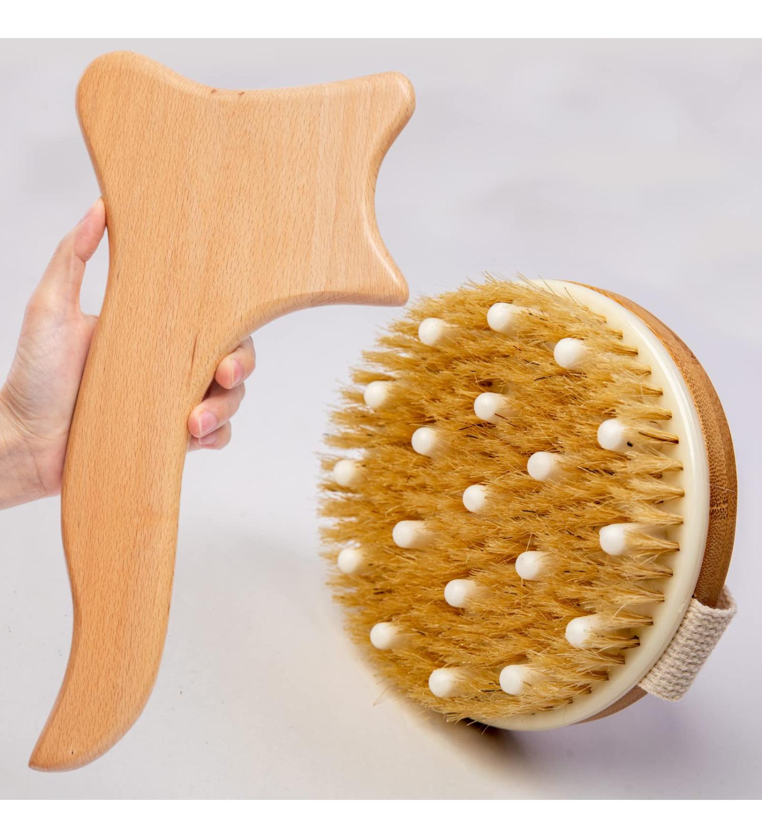 2 in 1 Wood Lymphatic Drainage Dry Brush Massage Tools Kit - Wooden Therapy Paddle for Body - Maderoterapia Kit - Shower Brush for Cellulite - Best Body Brushing Tool - Buy Online on GoSupps.com