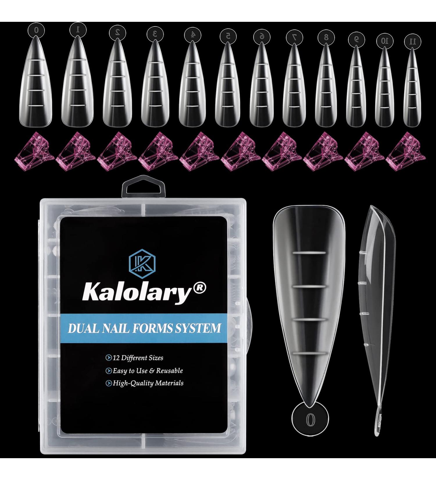 Kalolary 120PCS Nail Dual Forms Stiletto Shape Nail Molds Kits with 10PCS Pink Finger Extension Clip Clamp Extension UV LED Builder DIY Manicure For Poly Gel (Pink)