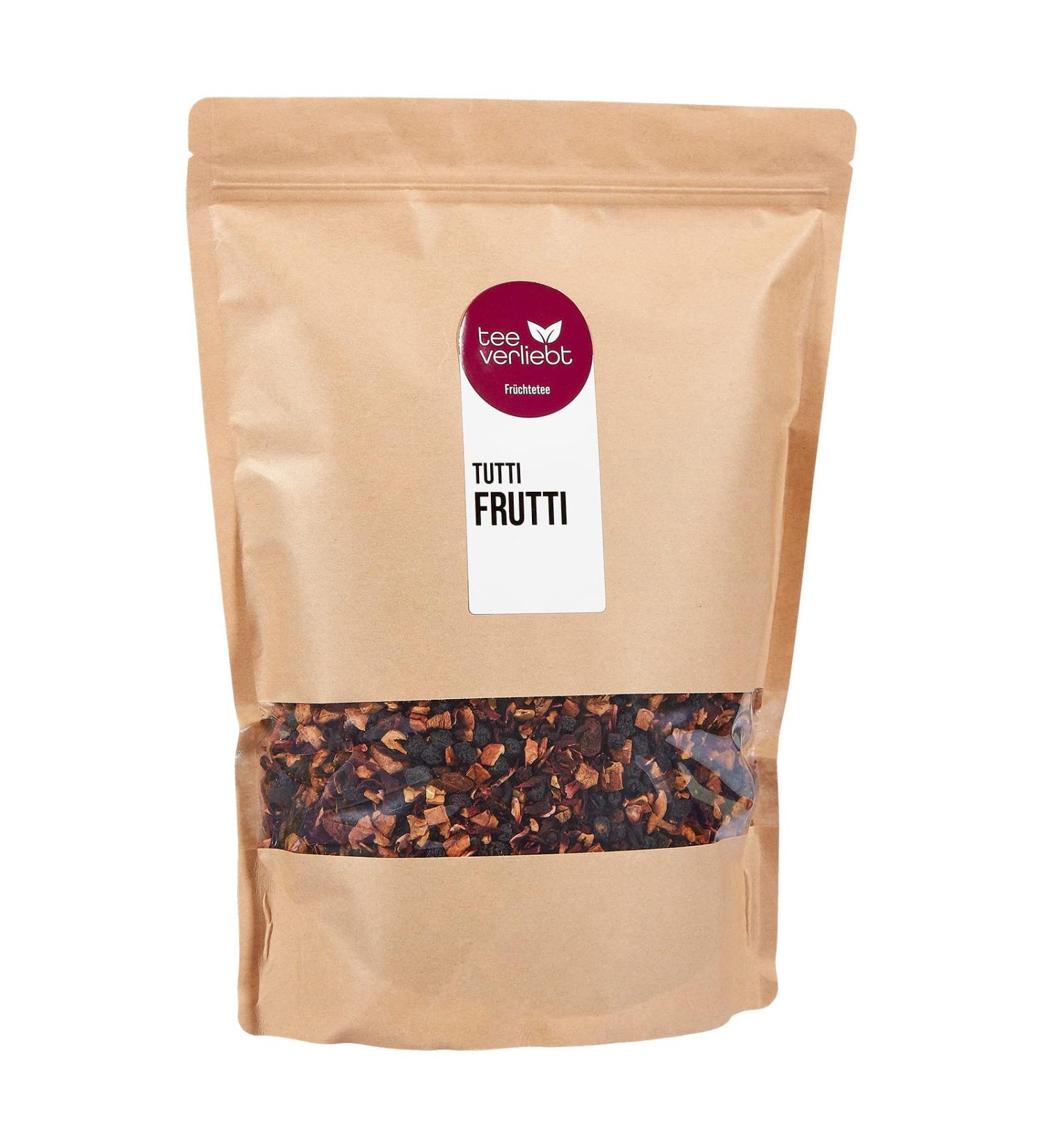 FRUTEG Loser Fruit Tea Tutti i Frutti 1000 g | Fruit Tea Loose - Finest Leaf Quality | Tasty Composition of Tea Mix with Wild Berries and Apricot Flavor | Tea Loose 1 kg - Buy Online on GoSupps.com