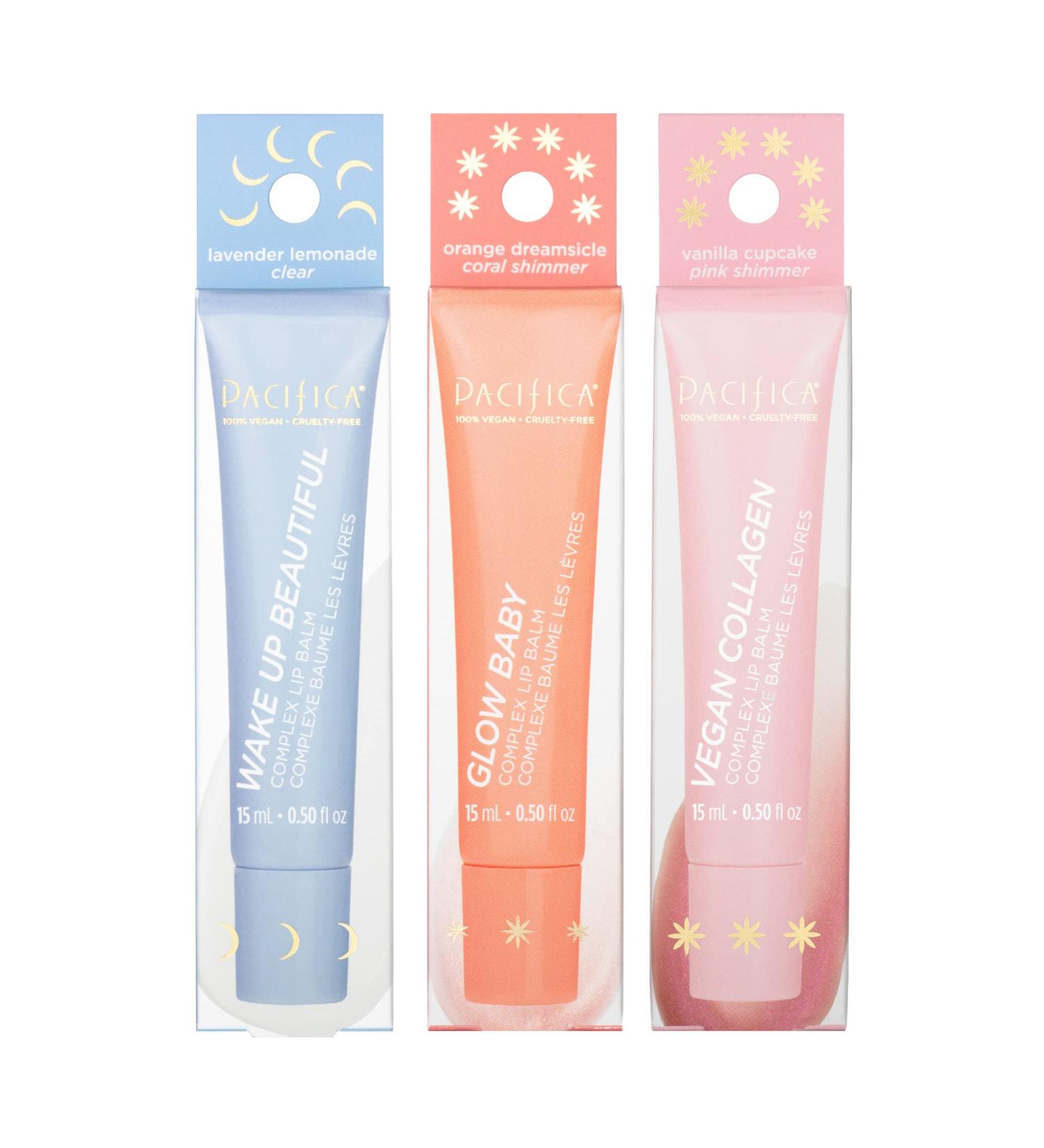 Pacifica Beauty Vegan Collagen Lip Balm Trio - Glow Baby, Wake Up Beautiful | Hydrating & Moisturizing Lip Gloss for Dry, Chapped Lips - Orange, Lavender Lemon & Vanilla Infused | Non-Sticky Formula - Buy Online on GoSupps.com