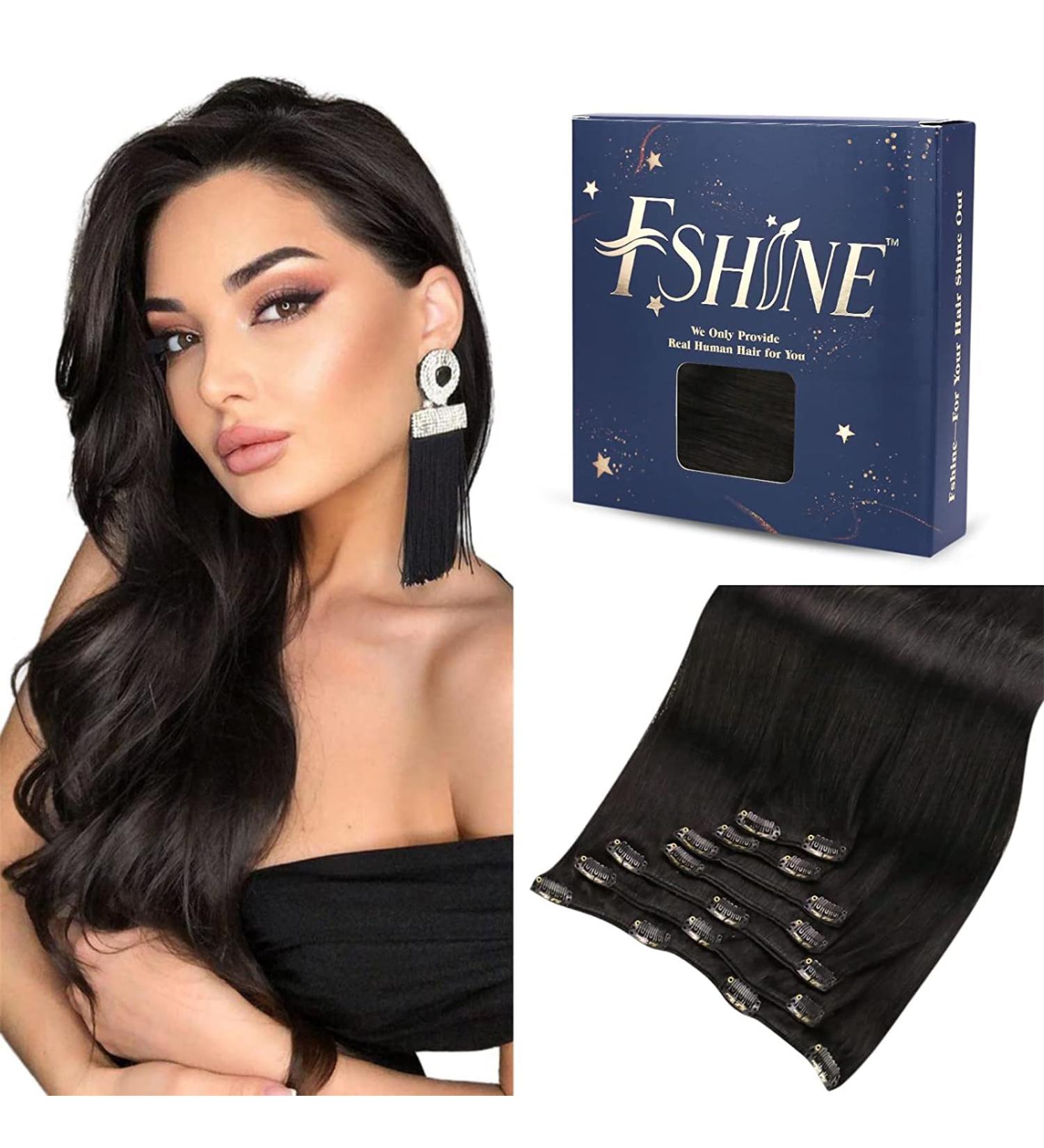 FSHINE 20 Inch Real Hair Clip-In Extensions - 120g - 7 Pieces Natural Black Remy Hair #1B - 50cm Length - Buy Online on GoSupps.com