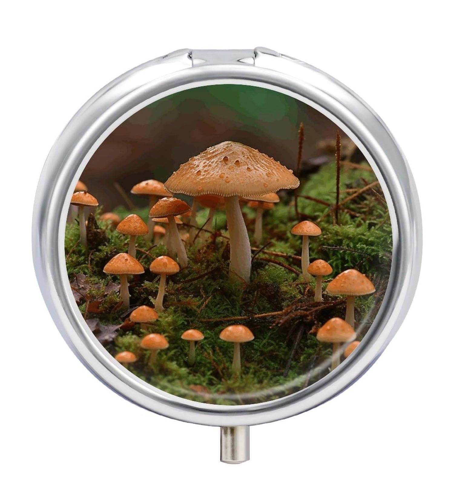 Round Pill Box - Wild Mushroom Print | 3 Compartment Portable Medicine Organizer - Decorative Metal Pocket Pill Case - Buy Online on GoSupps.com