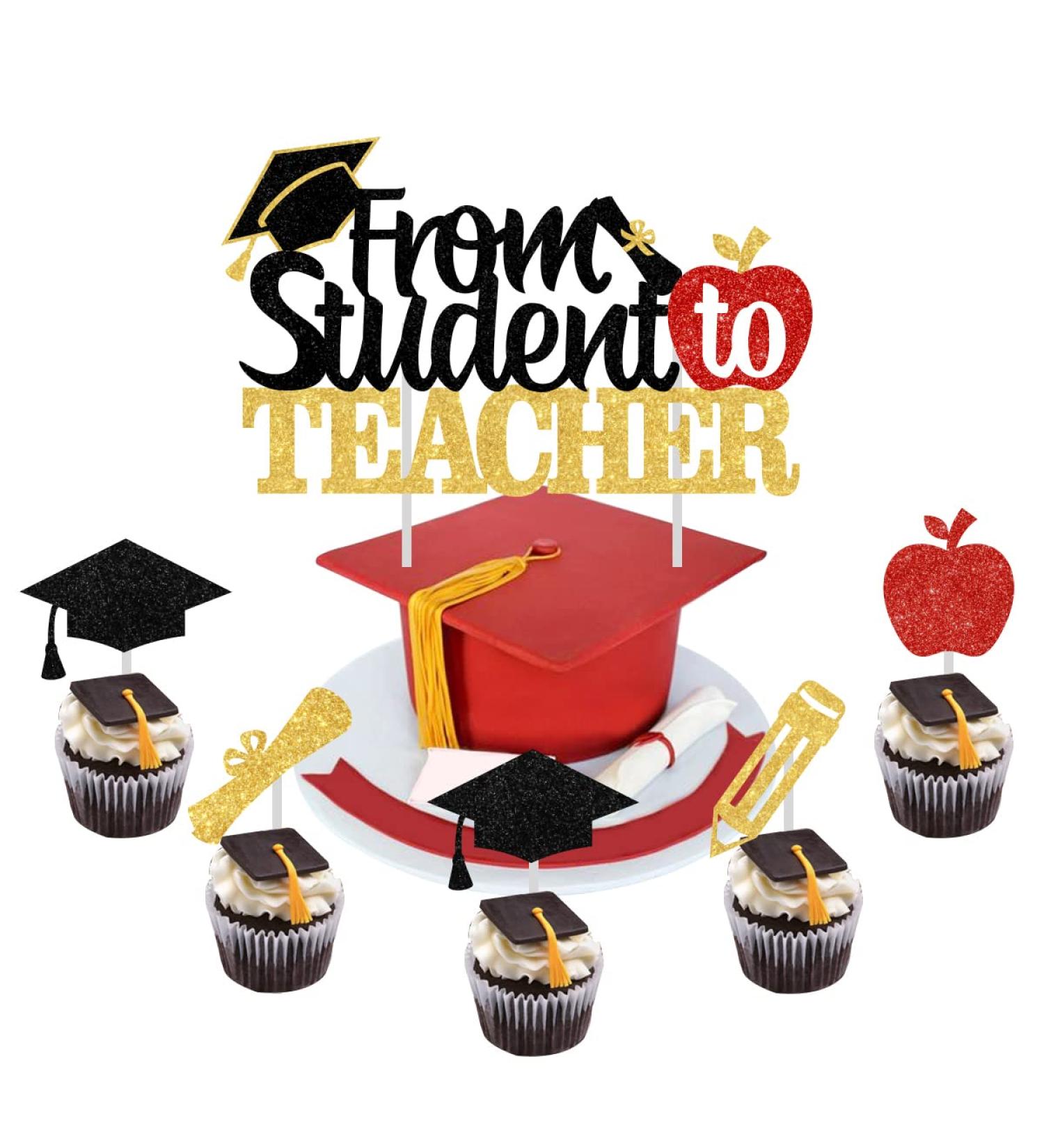 Congrats Grad Topper from Student to Teacher Graduation 25PCS Teacher Class of 2023 Cake Topper Graduate Party Cake Decor black and red Teacher Graduation Party - Buy Online on GoSupps.com