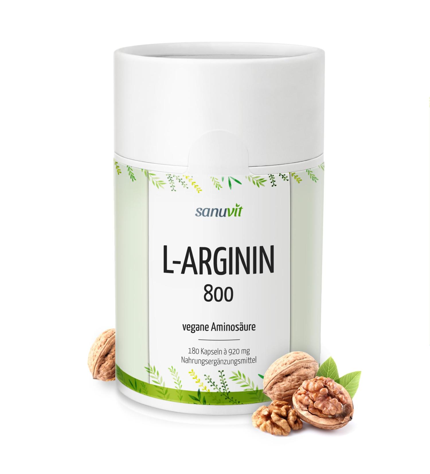 Sanuvit L-Arginine 800 mg Capsules | 180 Vegan Capsules | High Dose Amino Acid | High Bioavailability | Made in Austria - Shop Internationally! - Buy Online on GoSupps.com