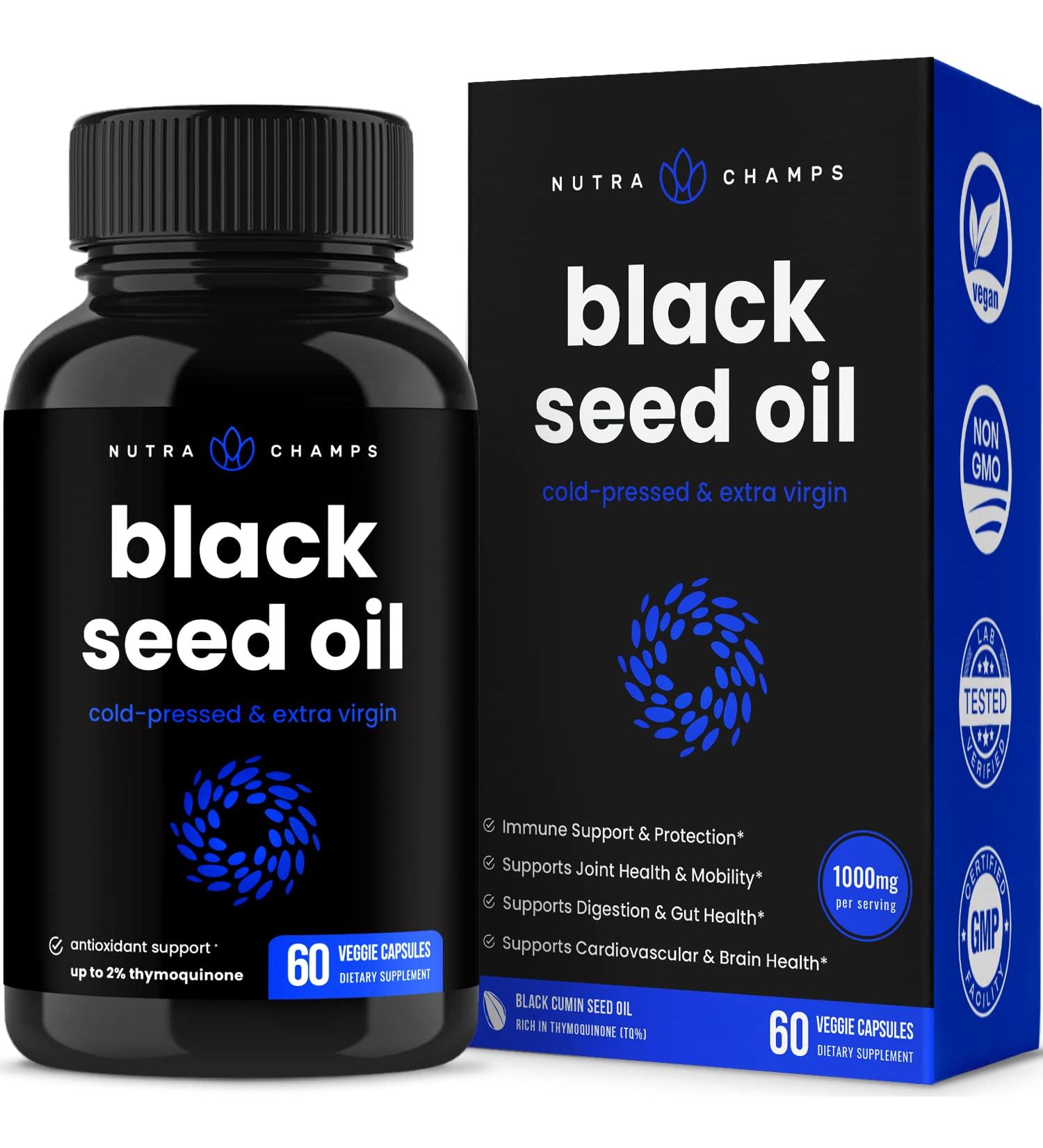 Premium Vegan Black Seed Oil Capsules with Thymoquinone, Vitamin E & Omega 3 6 9 - Buy Online on GoSupps.com