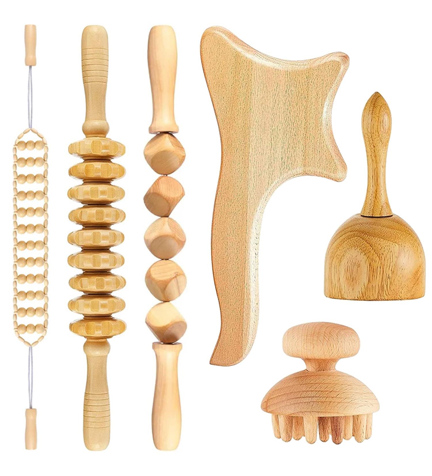 Maderotherapy Set - 6-Piece Wood Therapy Tools Massage Roller Gua Sha & Lymphatic Drainage Device for Cellulite - International Shipping Available - Buy Online on GoSupps.com