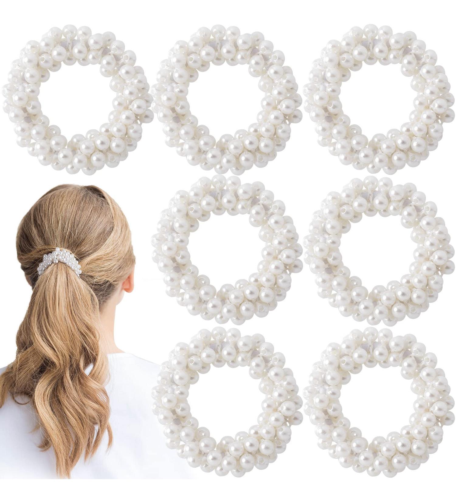 OIIKI Pearl Hair Ties Scrunchies 7pcs - White Weave Elastic Ponytail Holder for Women and Girls - Buy Online on GoSupps.com