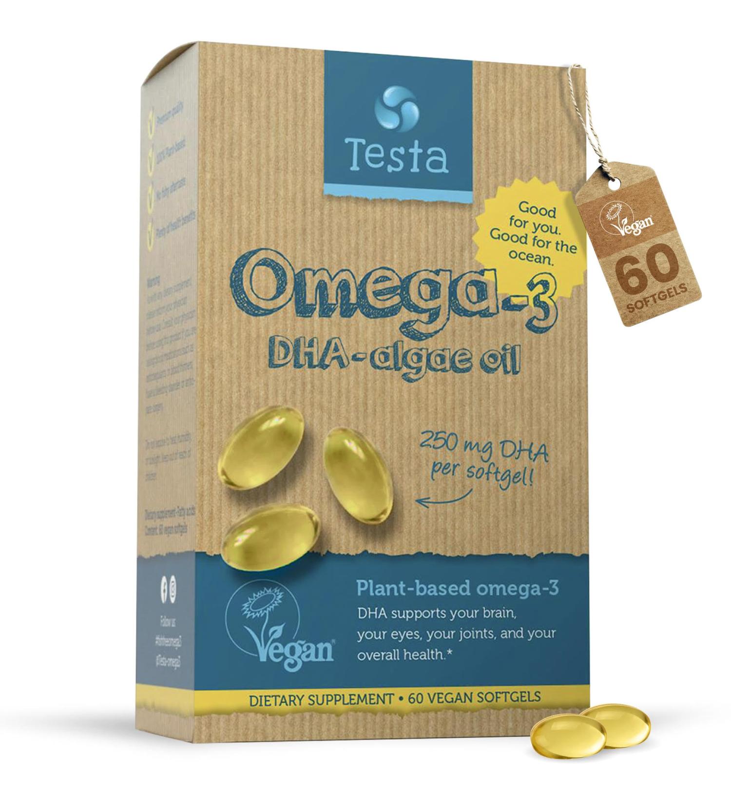 Testa Omega-3 Algae Oil Capsules - Vegan 250mg DHA Supplement - Plant Based, Pure & Healthier Than Fish Oil - 60ct - Buy Online on GoSupps.com