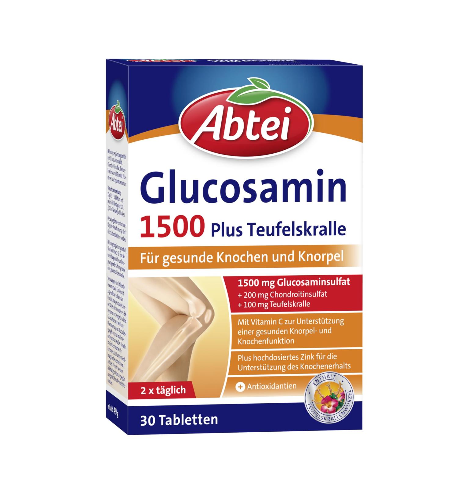Abbey Glucosamine 1500 Plus Devil Claw - High-Dose Dietary Supplement for Healthy Bones & Cartilage - 30 Tablets - Buy Online on GoSupps.com