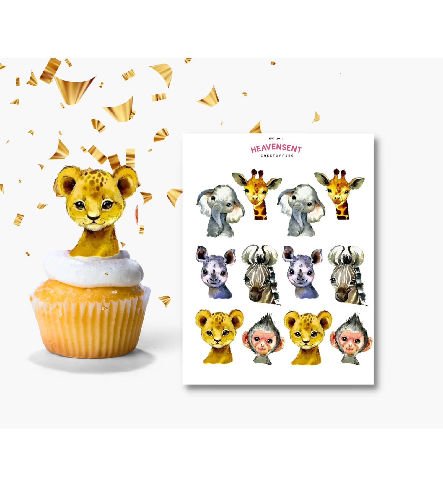 24x Pre-cut Baby Shower Safari Animals Wafer Card Standing Cupcake Toppers Birthday Party Cake Decorations
