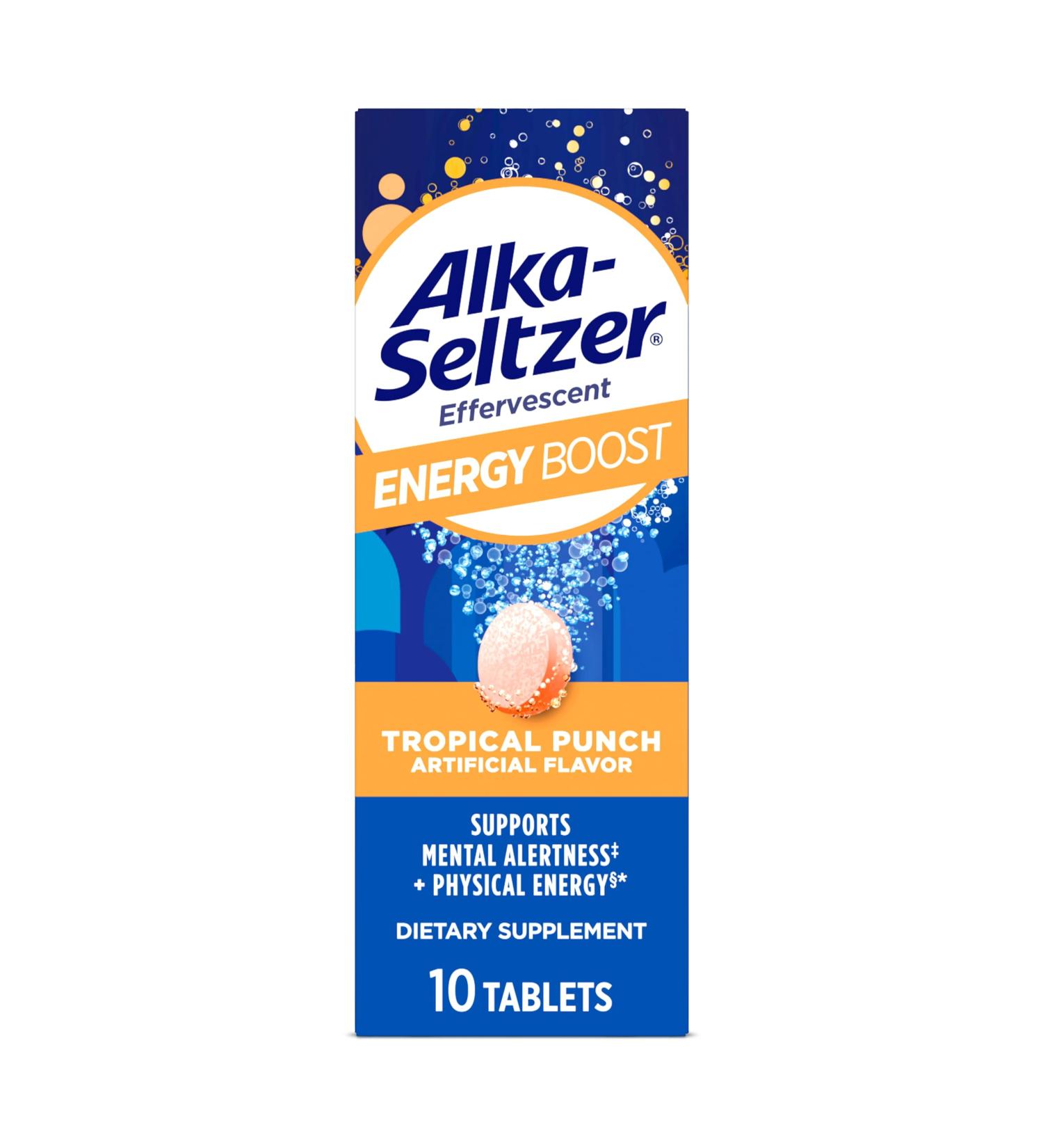 Alka-Seltzer Energy Boost - Caffeine & Guarana B Vitamins for Mental Alertness Fizzy Sugar-Free Tablets | 10ct Tropical Punch Flavor - Buy Online on GoSupps.com