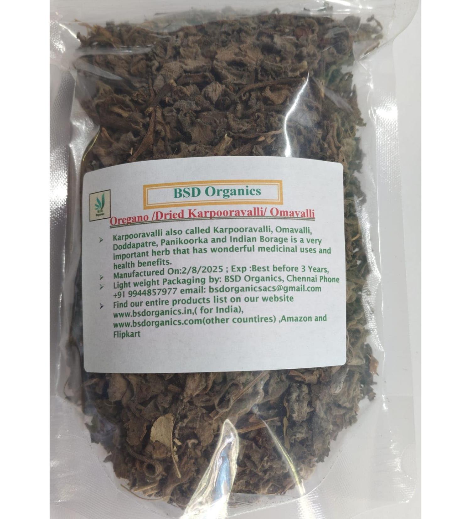 BSD Organics Oregano /Dried Karpooravalli/ Omavalli/ Coleus amboinicus/ Indian Borage -100 Grams/