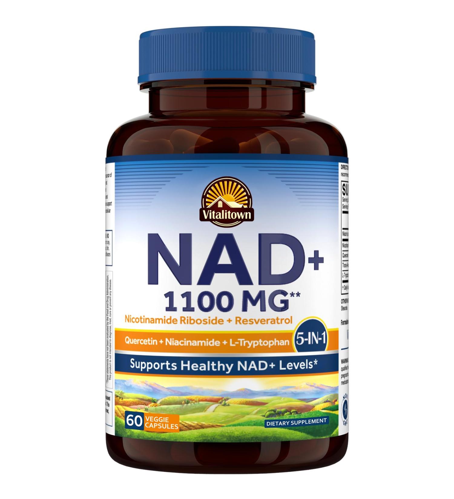 Vitalitown 5 in 1 NAD+ NMN Supplement Alternatives Nicotinamide Riboside (NR) Trans-Resveratrol Quercetin Niacinamide L-Tryptophan for Cellular Energy Heart Skin 60 Veggie Capsules 60 Count (Pack of 1) - Buy Online on GoSupps.com