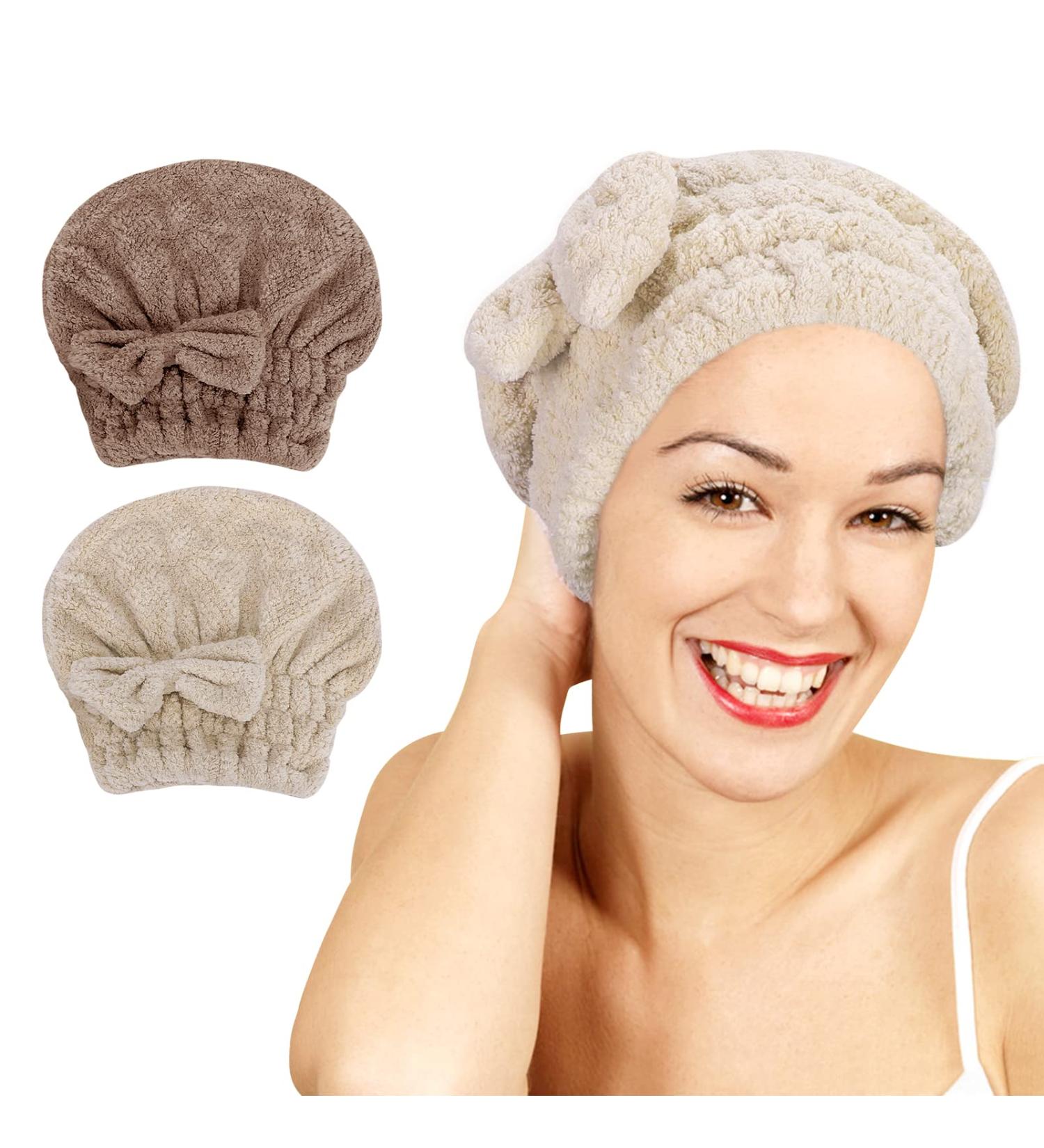 Unaone 2 Pack Microfiber Hair Drying Towels - Super Absorbent Turban Hair Towel Set for Curly Long Thick Hair - Quick Dry Head Wrap with Bow-Knot - Coffee & Brown - Buy Online on GoSupps.com