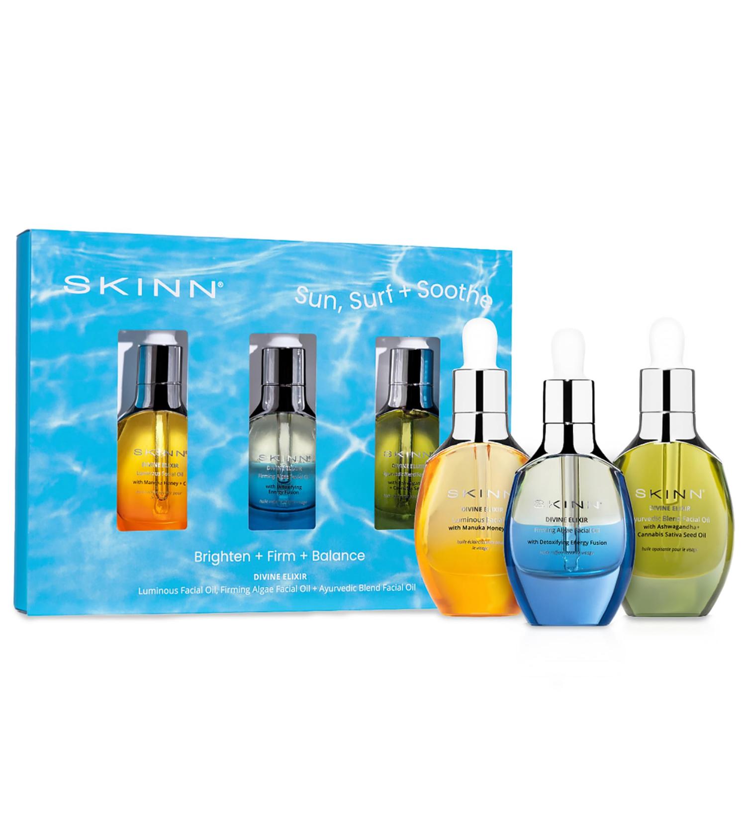 SKINN Anti-Aging Facial Oil Trio | Fine Lines & Wrinkles Skincare Gift Set - Luminous Firming Algae & Ayurvedic Blend - Lightweight Moisturizer & Hydrating Serum - Buy Online on GoSupps.com