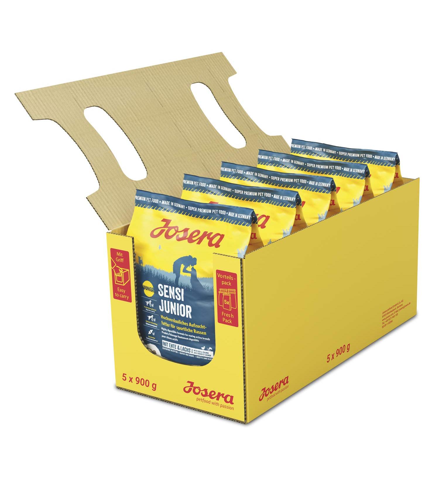 Josera - Dog Food - Pack of 5 x 900 g - Sensi Junior - Duck and Salmon - Food for Adult and Active Dogs - Ideal for sensitive stomachs - Easy digestion - Buy Online on GoSupps.com
