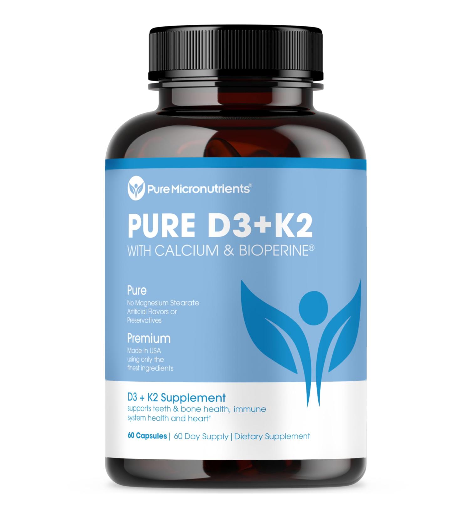Pure Micronutrients Vitamin D3 K2 Supplement | MK7 100mcg, D3 5000 iu, Calcium + BioPerine | Muscle & Bone Health, Heart, Immunity & Energy Support | Vegan | 60 Capsules 1 Count (Pack of 60) - Buy Online on GoSupps.com