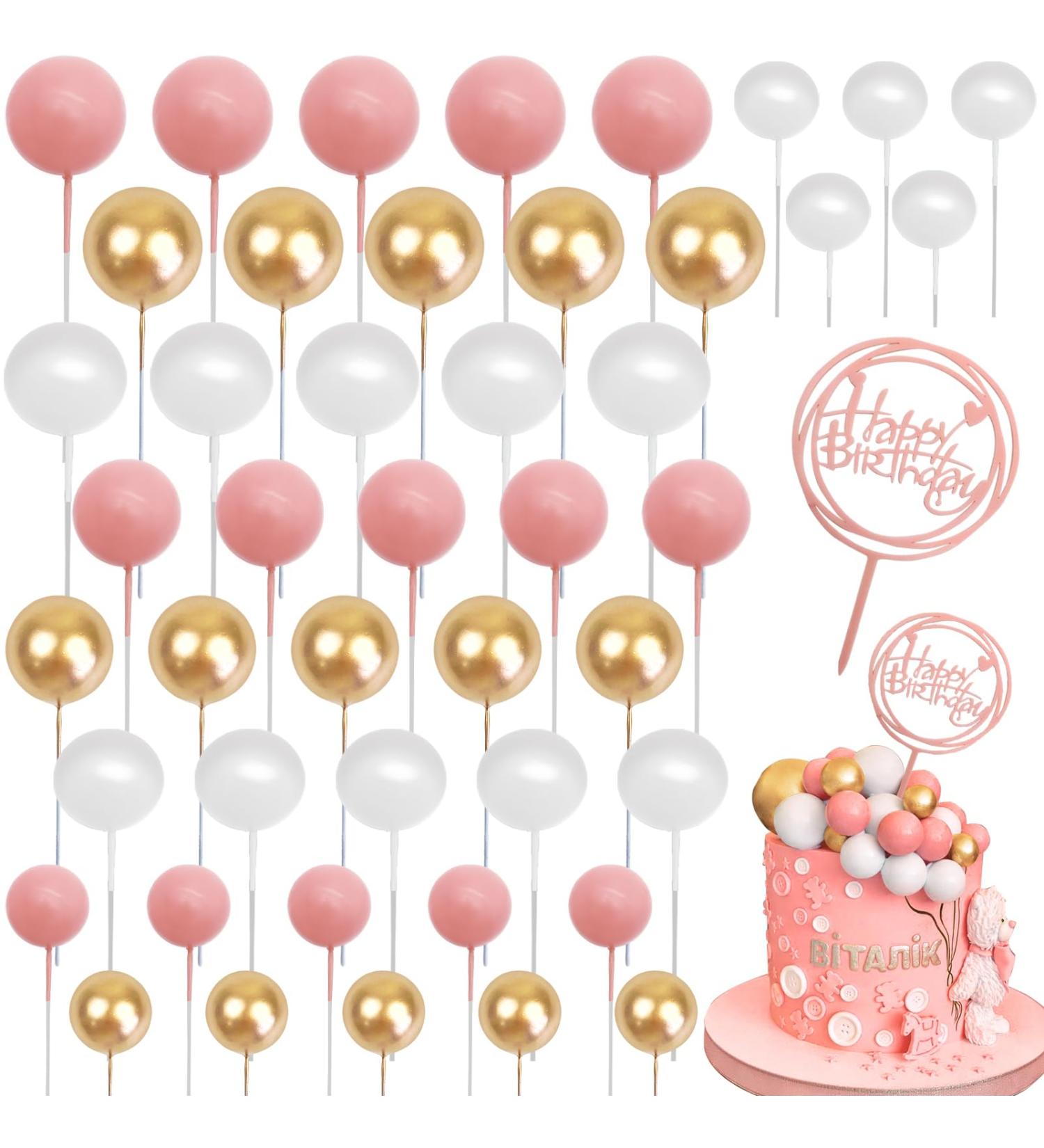46 Pcs Happy Birthday Cake Topper Decorations Pink and Gold Ball Cake Decorations Mini Foam Balls Cupcake Toppers for Women DIY Baby Shower Birthday Wedding Anniversary Party Decor Pink Glod White - Buy Online on GoSupps.com