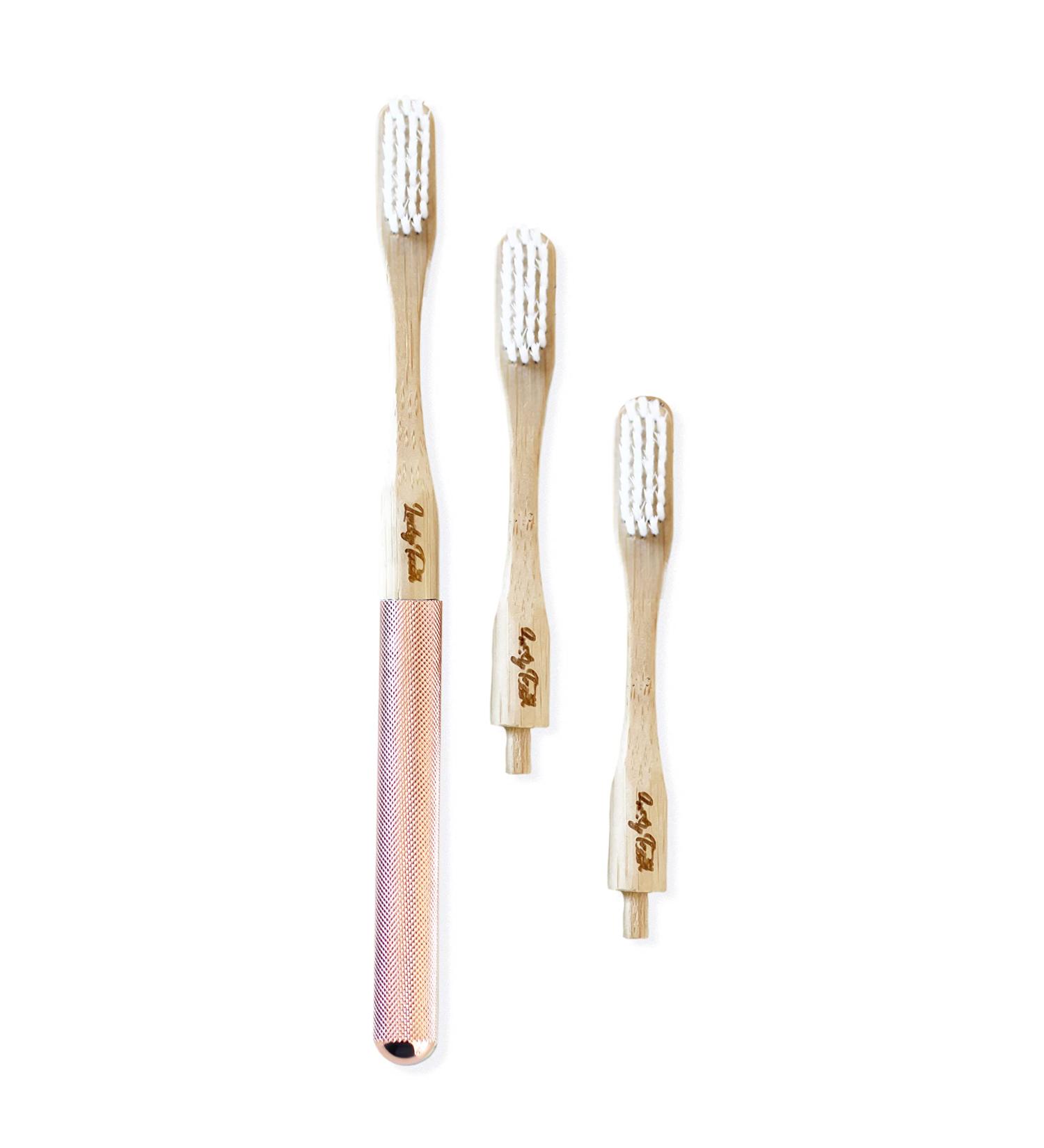 Buy Lucky Teeth Replaceable Bamboo Toothbrush with Aluminum Handle - 3 Soft Copper White Bristle Heads - Eco-Friendly & International Shipping - Buy Online on GoSupps.com