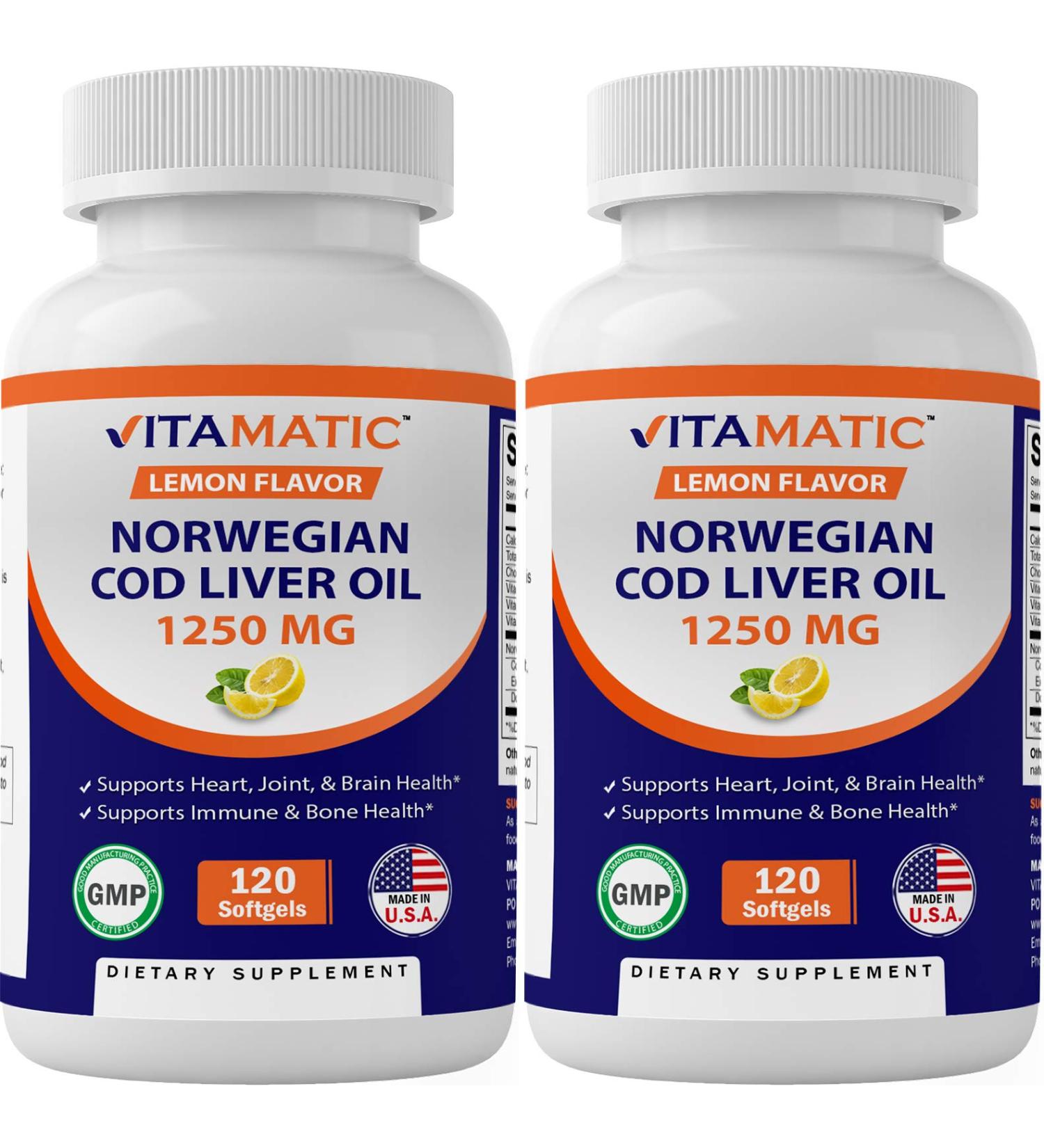 2 Pack - Vitamatic Norwegian Cod Liver Oil 1250mg Total 240 Softgels (Lemon Flavor) - Promotes Cardiovascular Health