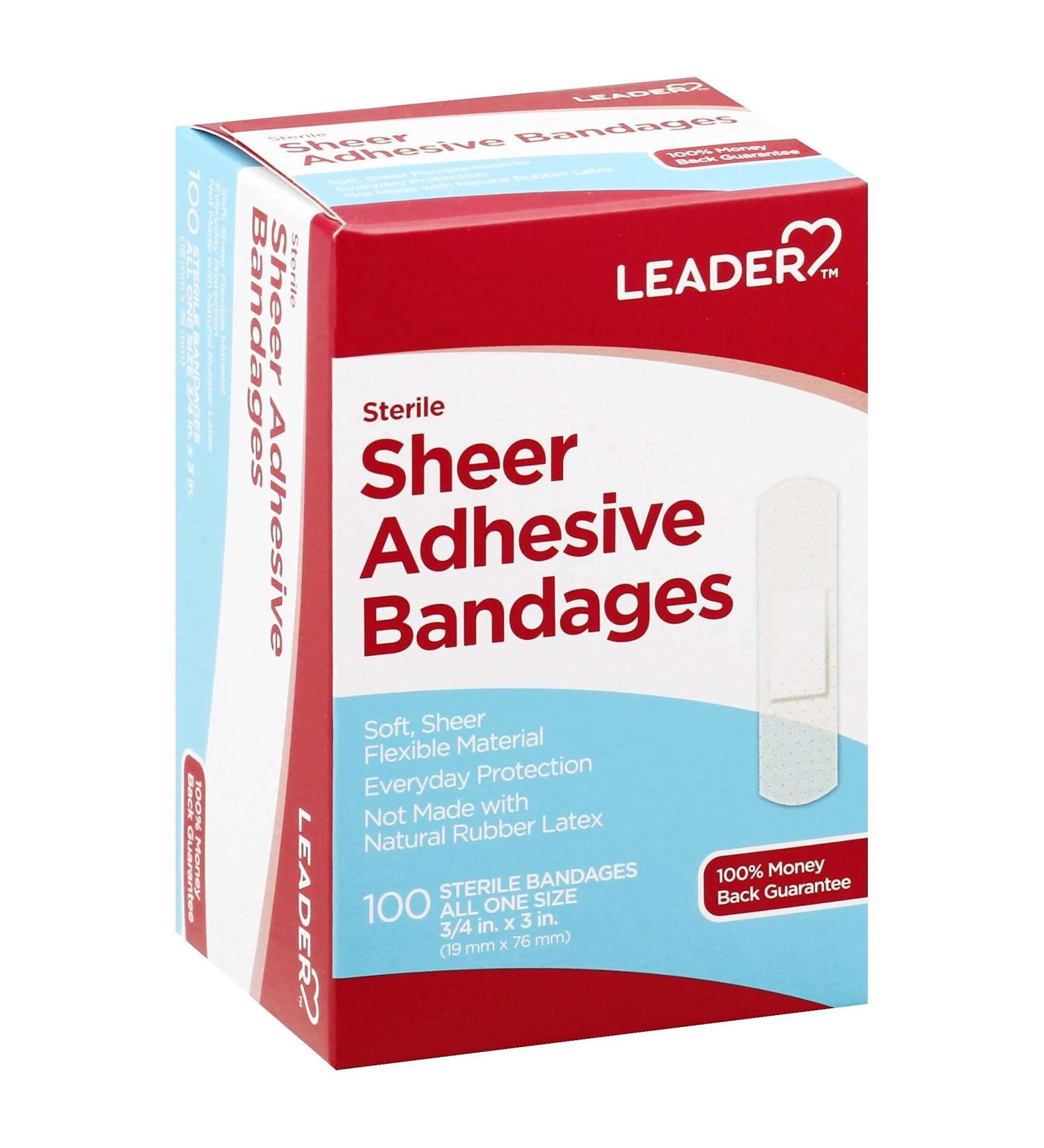 Leader Sterile Sheer Adhesive Bandages Latex Free Blends with Skin Helps Prevent Infection Comfortable Protection for First Aid and Wound Care Compare to Band-Aid All One Size 3/4 x 3 100 ct. 3/4 x 3 100 Count