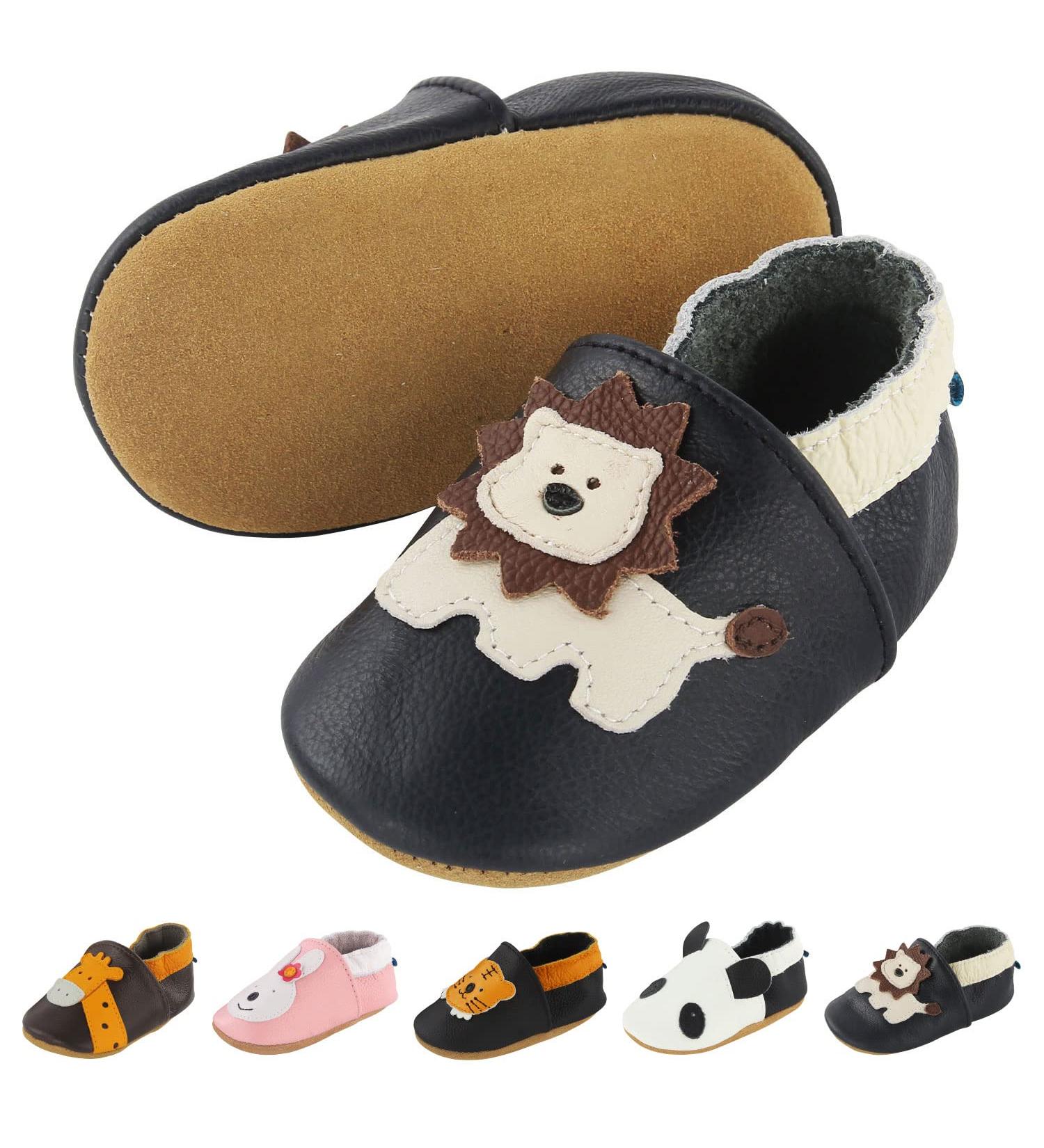 Soft Leather Baby Boy/Girl Sneakers, Non-Slip Rubber Soles, 6-12 Months, Navy Blue Lion Design - 0-24 Months - Buy Online on GoSupps.com