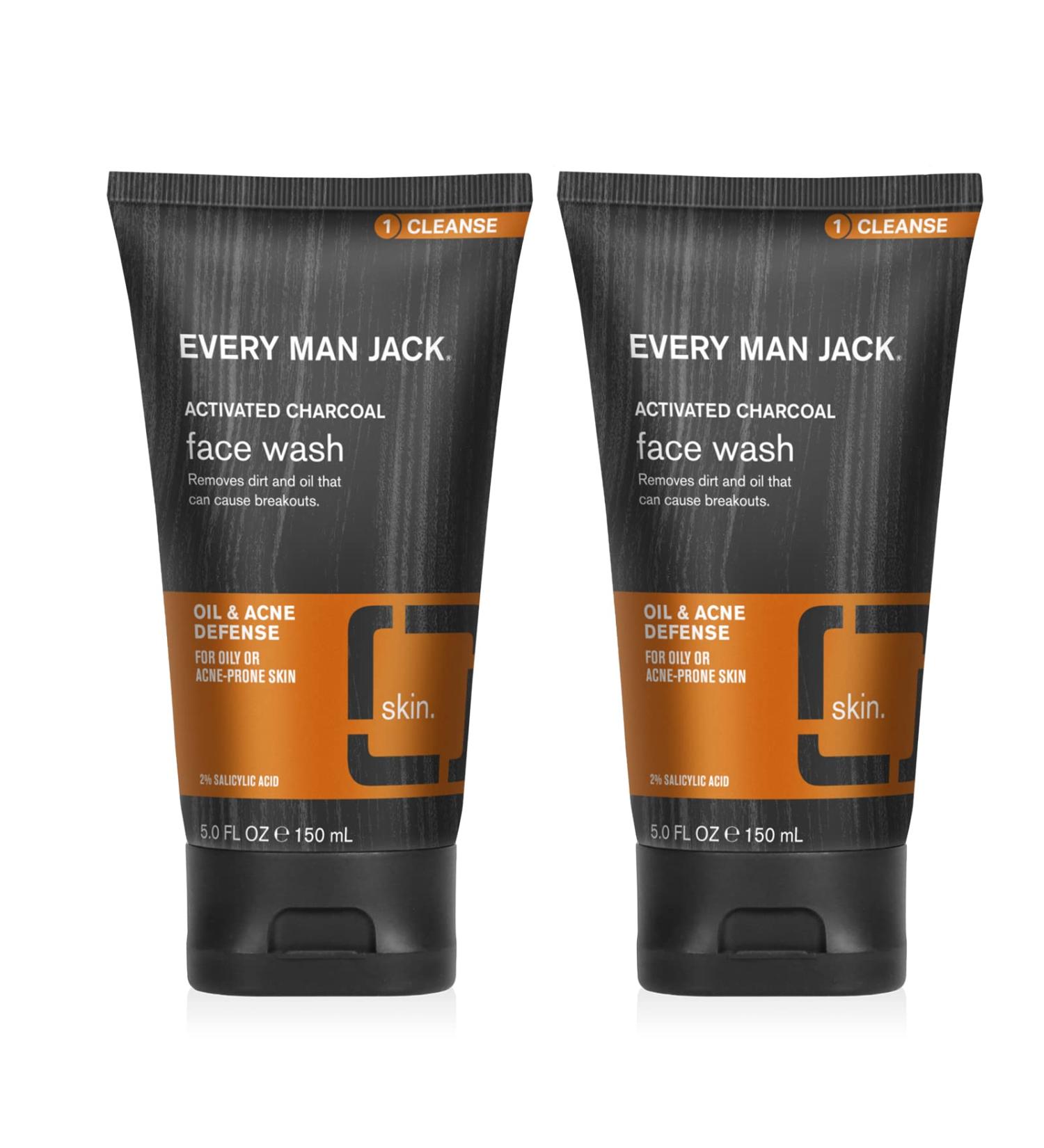 Every Man Jack Activated Charcoal Oil and Acne Defense Face Wash for Men - 5 oz Twin Pack with Salicylic Acid and Coconut Oil - Prevent Breakouts and Deeply Cleanse Pores - Buy Online on GoSupps.com