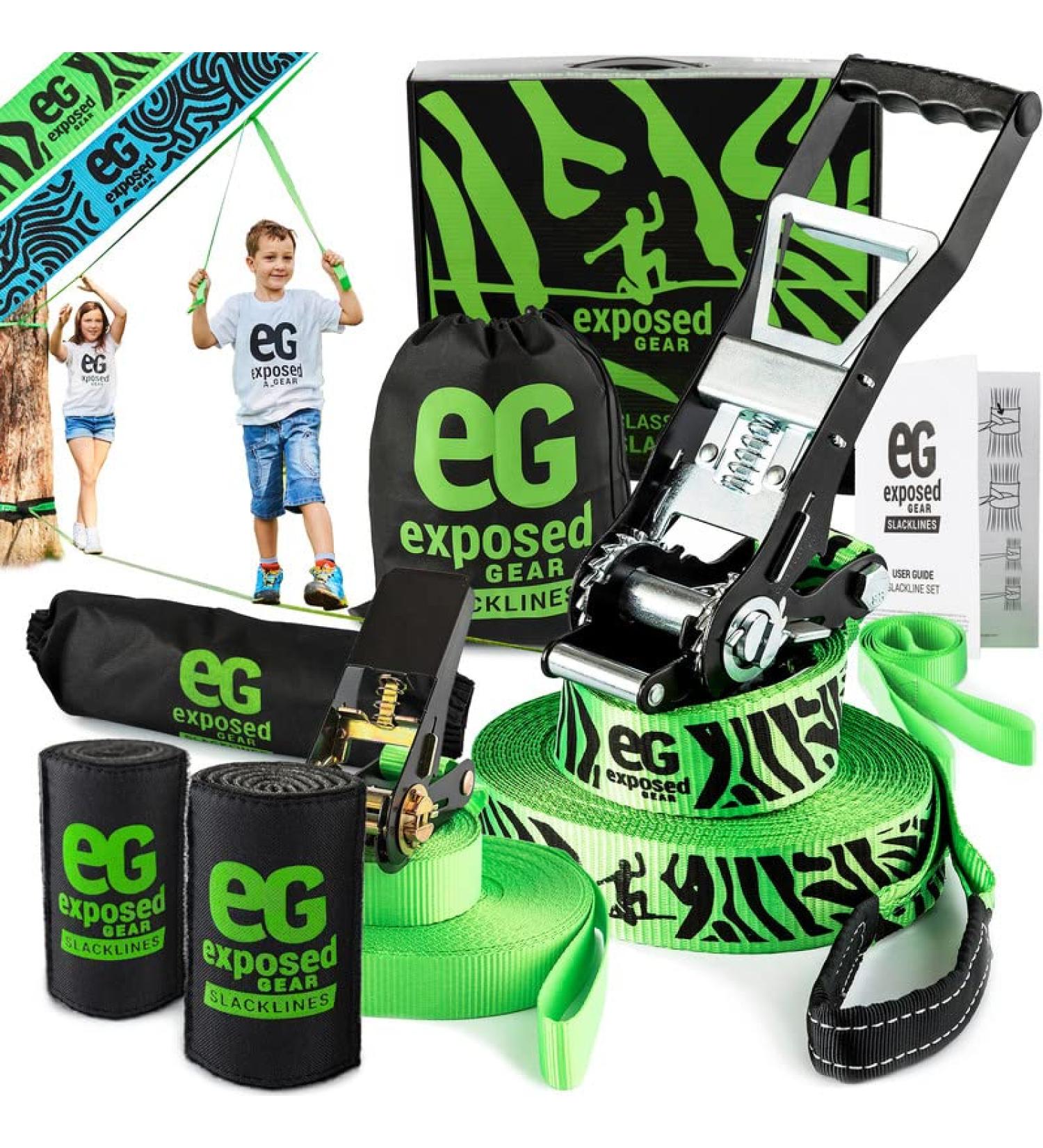 60ft Slackline Kit with Training Line, Tree Protectors, High Grade Ratchet, Arm Trainer, Instruction Booklet, Carry Bag - Green | Perfect Slackline Set for Kids and Adults - Buy Online on GoSupps.com