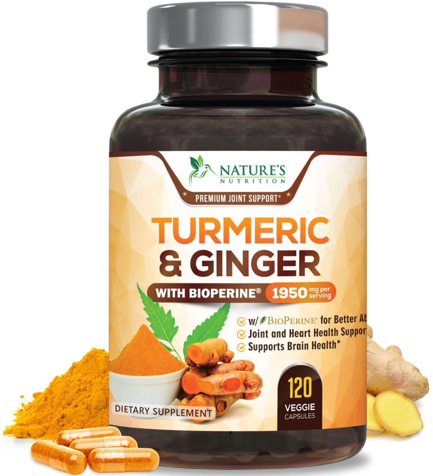 Turmeric Curcumin with Bioperine Ginger 1950mg - Natural Joint Support for Healthy Inflammation - 95% Curcuminoids - Max Potency - 120 Capsules - Buy Online on GoSupps.com