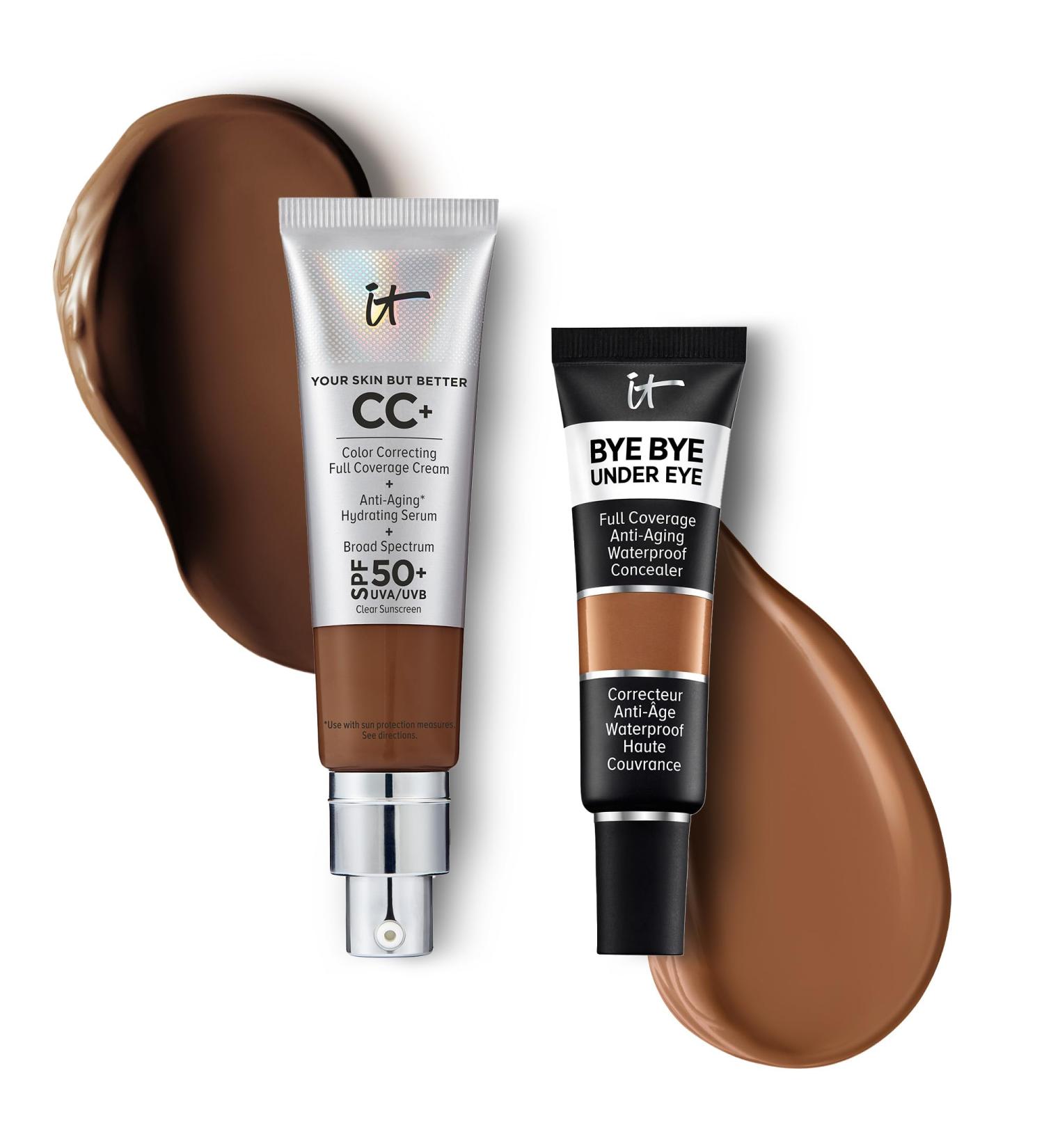 IT Cosmetics CC+ Cream with SPF 50+ Natural Finish Full Coverage Foundation (Neutral Deep - 1.08 fl oz) & Bye Bye Undereye Concealer Anti-Aging Makeup (43.0 Deep Honey - 0.4 fl oz) - Buy Online on GoSupps.com