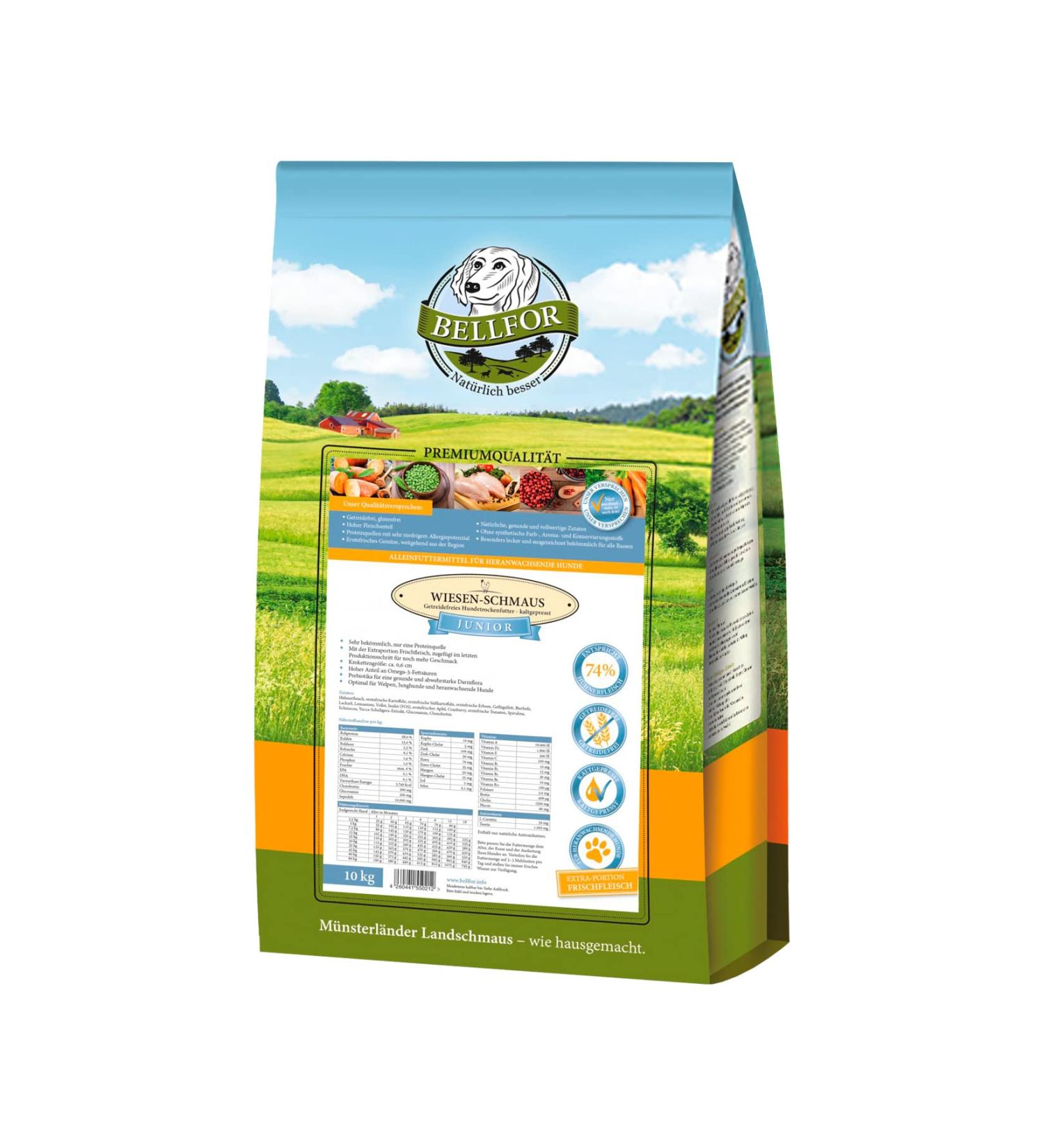 gBellfor Wiesen-Schmaus Junior Grain-Free Dry Food for Puppies and Young Dogs Cold-Pressed with Fresh Chicken Rich in Omega-3 and Prebiotics 10 kg - Buy Online on GoSupps.com
