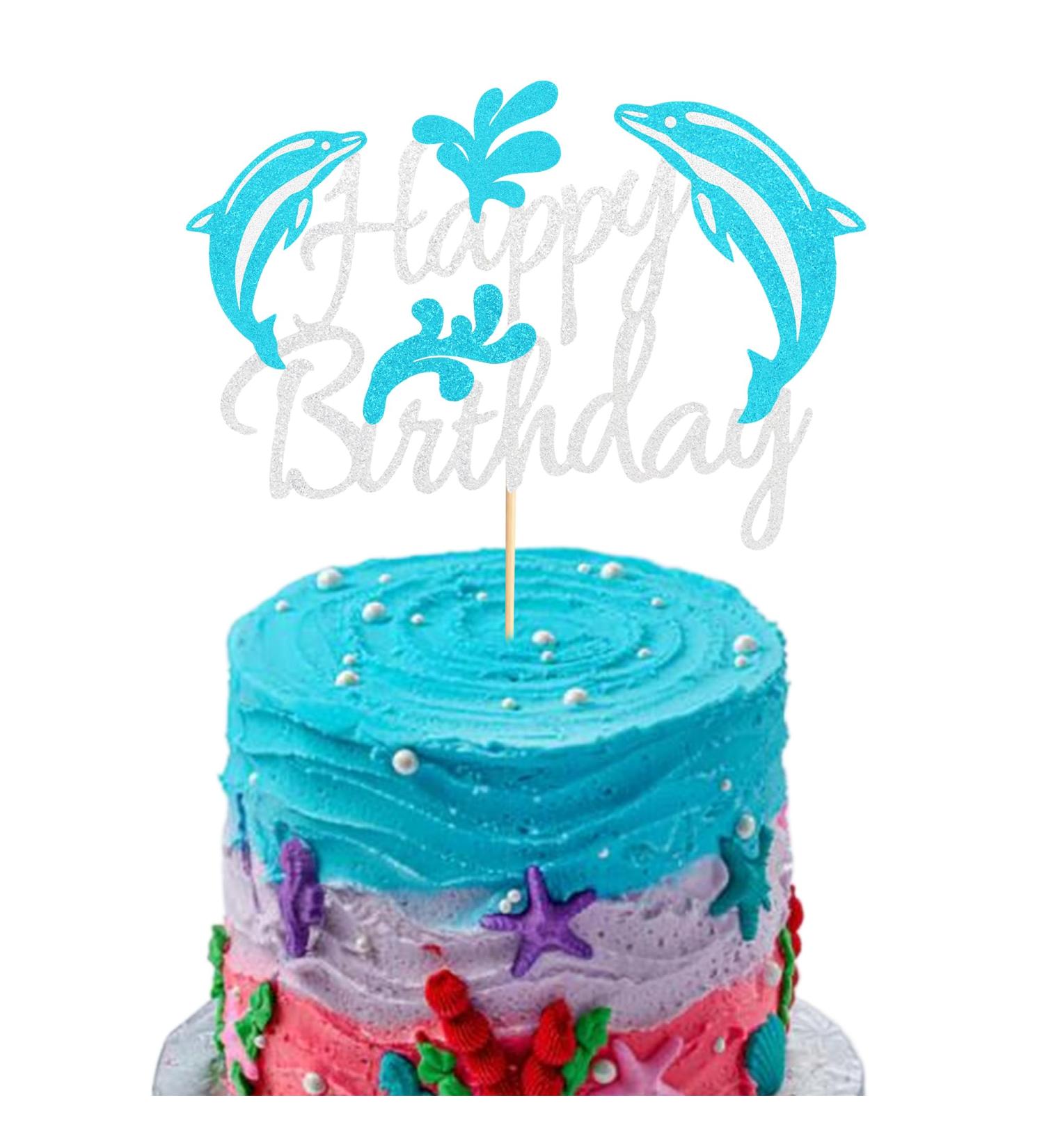 Arthsdite 1Pc Dolphin Happy Birthday Cake Topper Dolphin Marine Theme Boy Girl Child Birthday Party Cake Decoration - Blue Silver Glitter Dolphin Cake Topper - Buy Online on GoSupps.com
