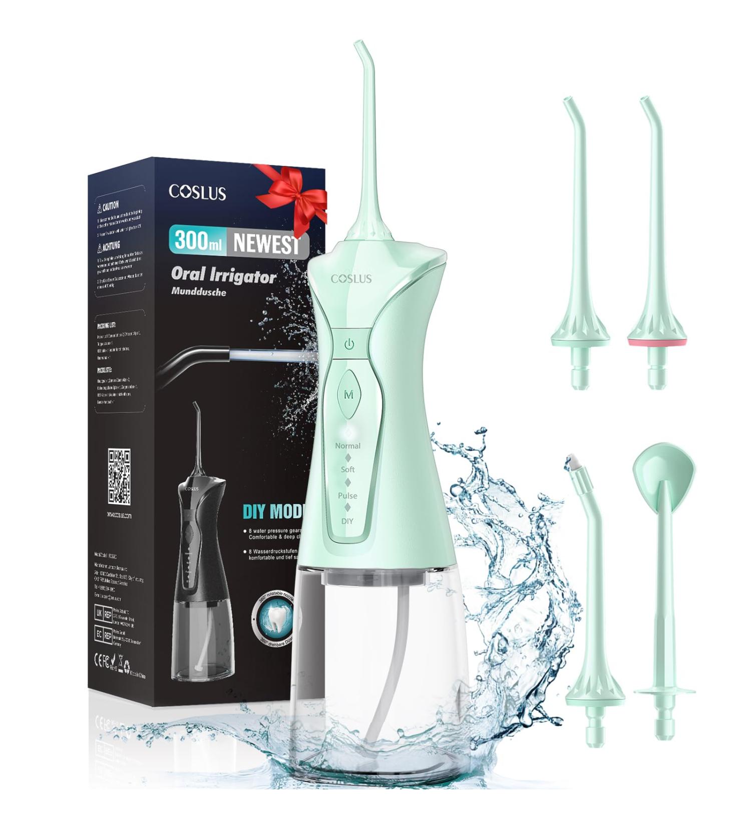 COSLUS Water Dental Flosser Portable Oral Irrigator - 4 Modes, Rechargeable, Waterproof - 4 Jet Tips - Green - Buy Online on GoSupps.com