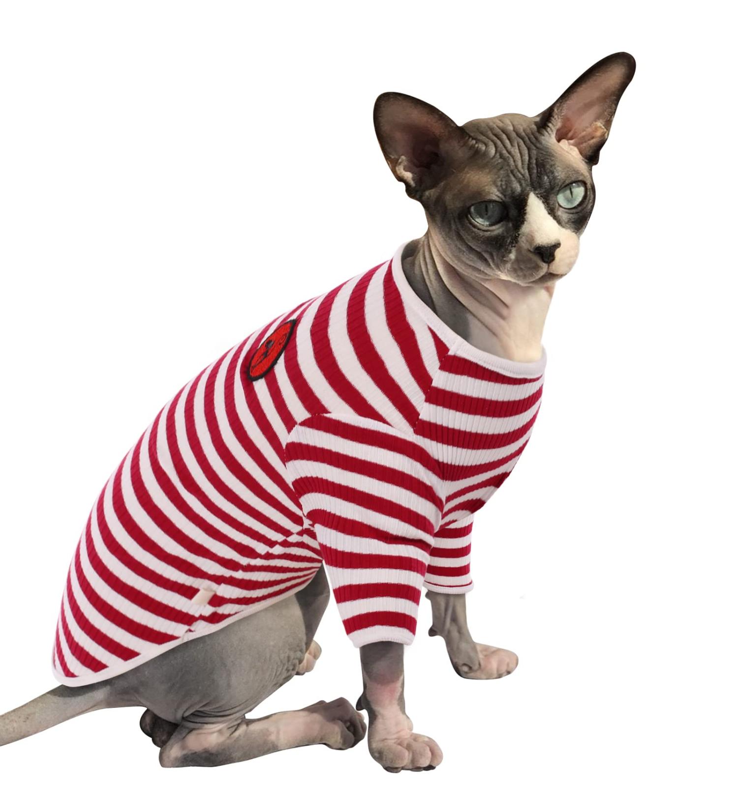 Warm Cotton Sweater for Sphynx Cats | Soft Red Striped Jumper for Small Dogs | XS Cat Costume - Buy Online on GoSupps.com