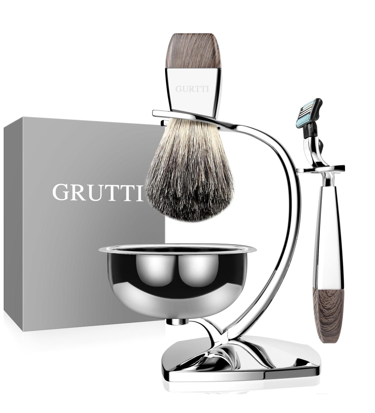 Grutti Razor Set - Deluxe Chrome & Wood Shaving Kit with Bowl Mach 3 Compatible Razor & Brush Stand - Premium International Shipping - Buy Online on GoSupps.com