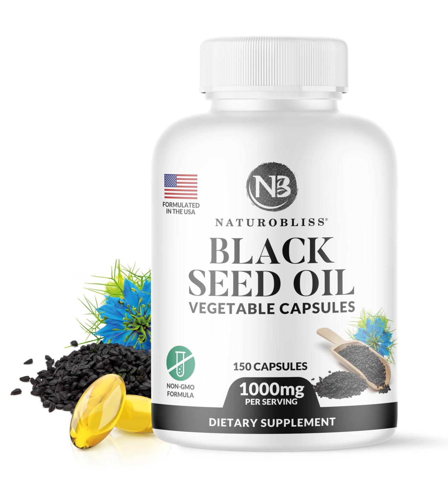 NaturoBliss Black Seed Oil - 150 Softgel Capsules Skin Health (Non-GMO & Vegan) Premium Cold-Pressed Nigella Sativa Producing Pure Black Cumin Seed Oil - 1000mg Per 2 Capsule Serving - 75 Servings - Buy Online on GoSupps.com