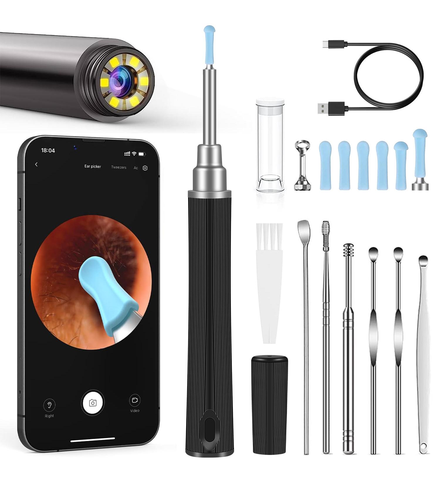 Ear Wax Removal Tool with Camera and 6 Ear Spoons | Earwax Removal Kit for iOS Android - Black - Buy Online on GoSupps.com
