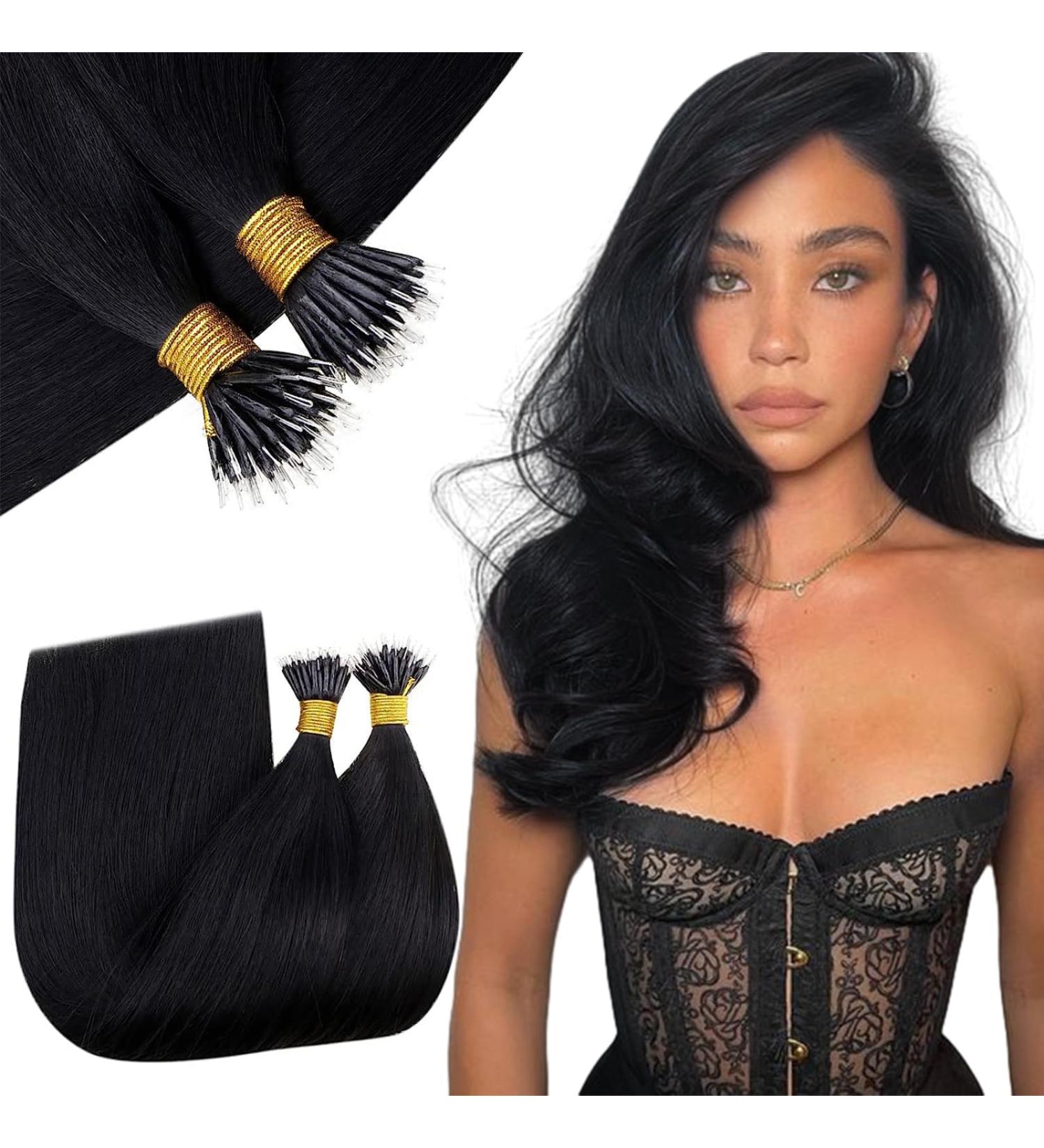 RUNATURE Black Nano Human Hair Extensions - 22 Inch, 50g, Remy Nano Tip Real Hair, Black Nano Ring Extensions - Buy Online on GoSupps.com