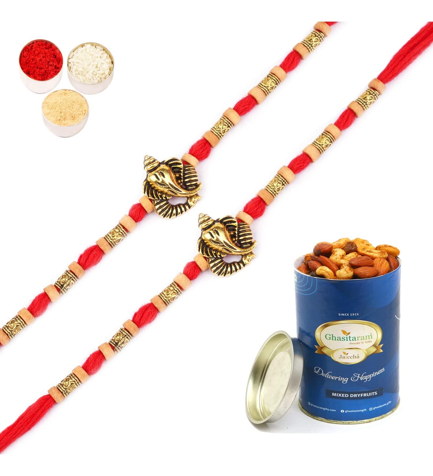 Ghasitaram Gifts Rakhi for Brother Rakhis Online - Set of 2 - LD-9923 Ganesha Beads Rakhi with 100 GMS of Dryfruits Mix Can 2 Rakhi with 100 gms of Dryfruits Mix Can - Buy Online on GoSupps.com