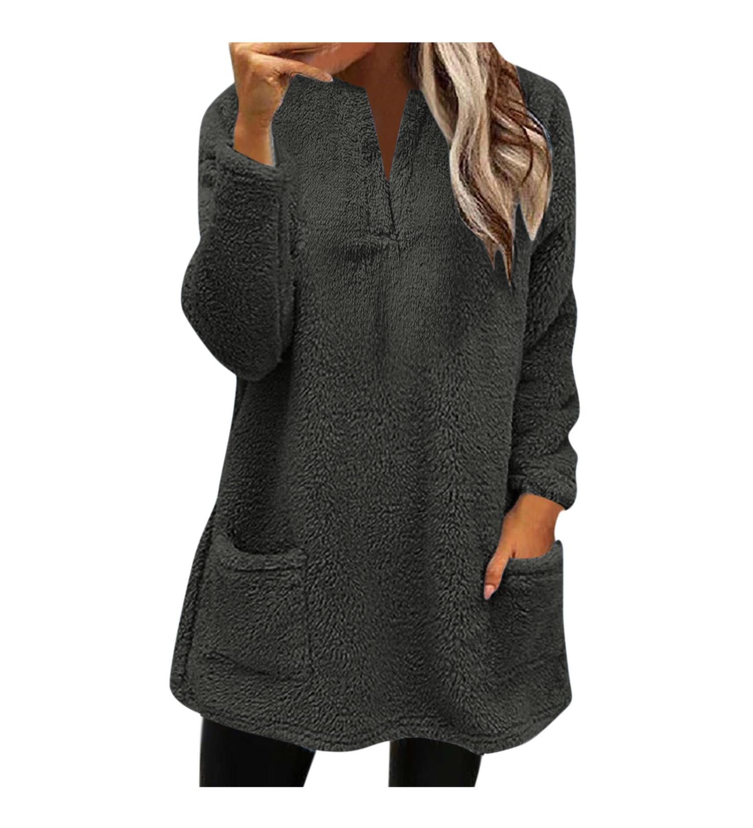 AMhomely Women's Plus Size Soft Teddy Fleece Hooded Jumper - Double Fleece Casual Hoodie with Pocket, V Neck, Plain Pullover Top - Winter Lounge Wear, Dark Grey, Size M - Buy Online on GoSupps.com