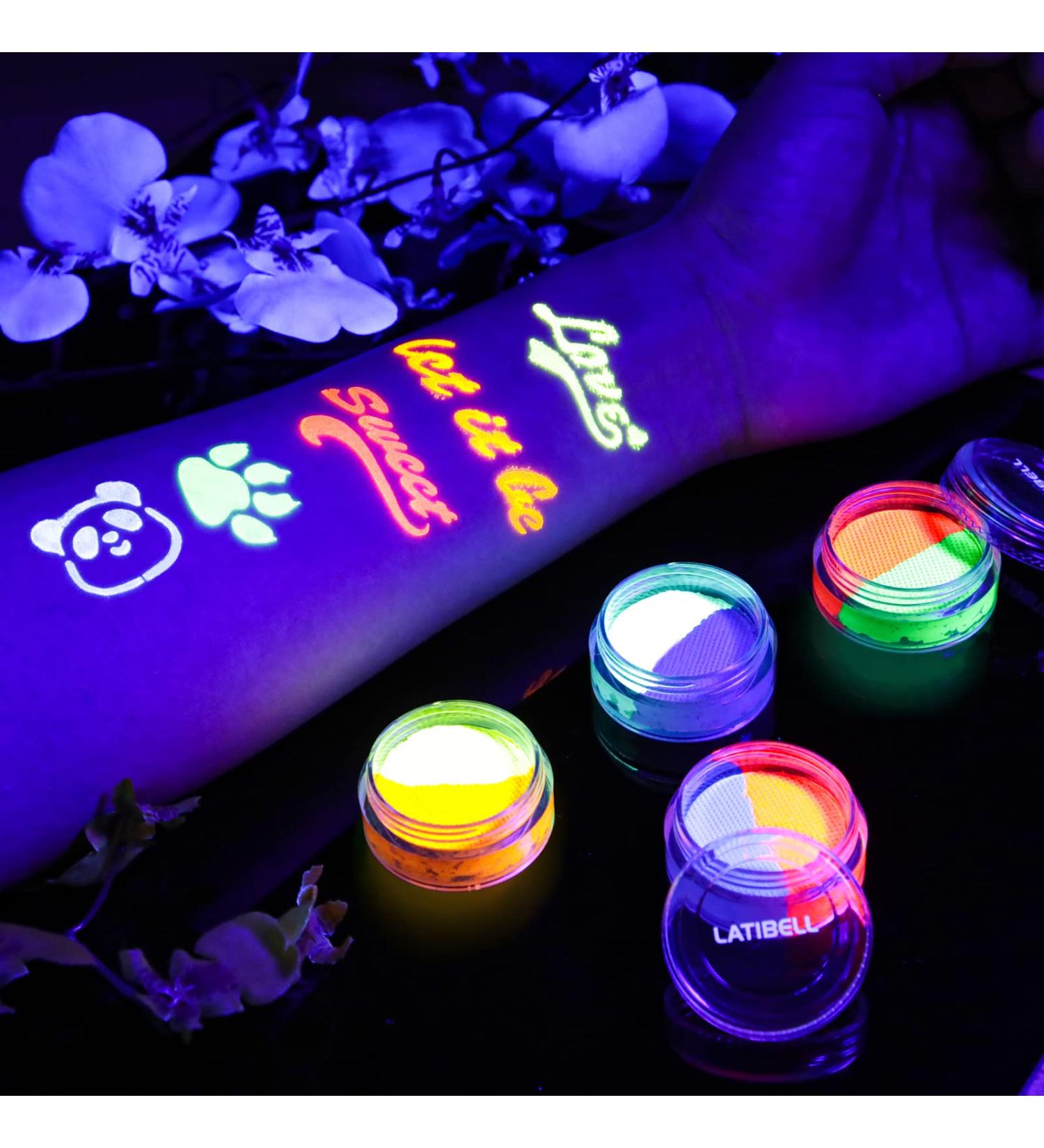 Latibell UV Face & Body Paint Set | 12 Water Activated Neon Colors | Black Light Reactive Makeup Kit for Halloween & UV Party | Includes 1 Makeup Brush & Water Activated Eyeliner - Buy Online on GoSupps.com