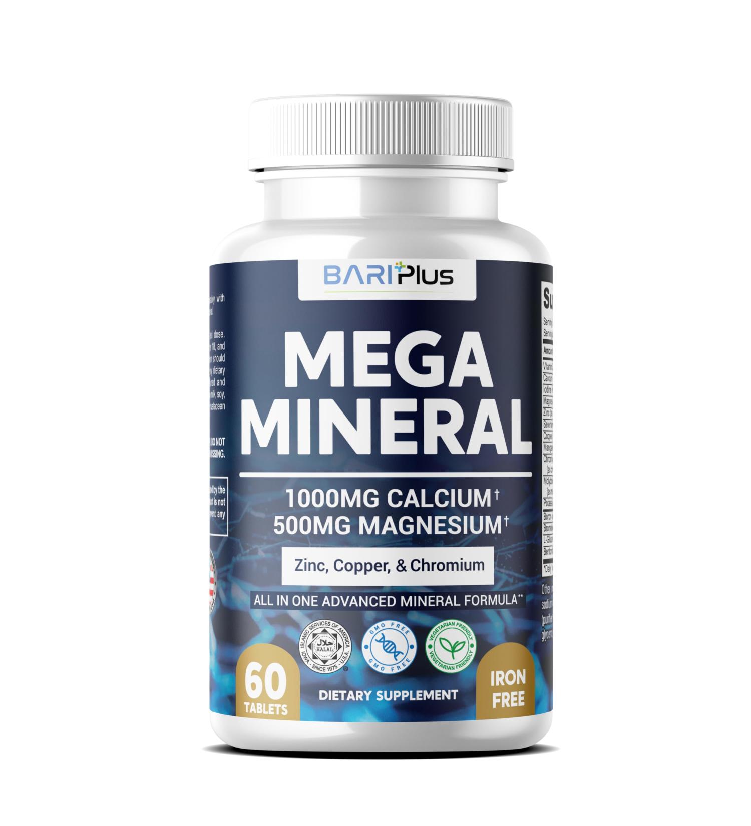 Mega Mineral Complete Complex with Vitamin D Calcium Magnesium Zinc Potassium Boron Selenium Chromium & 72 Trace Minerals Iron-Free USA Made 60 Tablets 60 Count (Pack of 1) - Buy Online on GoSupps.com
