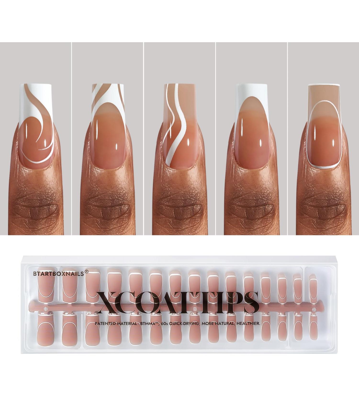 BTArtbox XCOATTIPS French Tip Nails - Long Square Press On Nails | 5 Stunning Styles Soft Gel & Acrylic Nail Extensions for DIY Nail Art - Buy Online on GoSupps.com