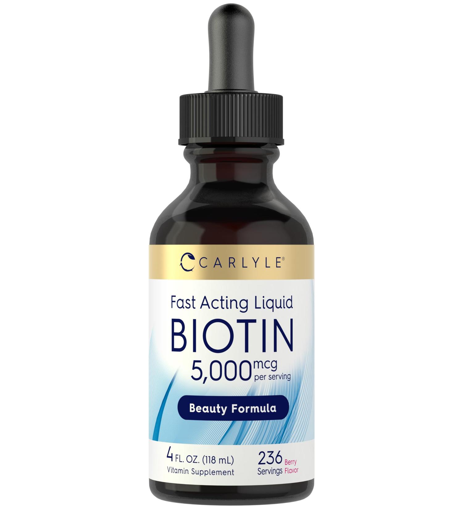 Carlyle Biotin 5000mcg Liquid Drops | 4 fl oz | for Women and Men | Berry Flavor | Beauty Formula | Vegetarian Non-GMO & Gluten Free Supplement - Buy Online on GoSupps.com
