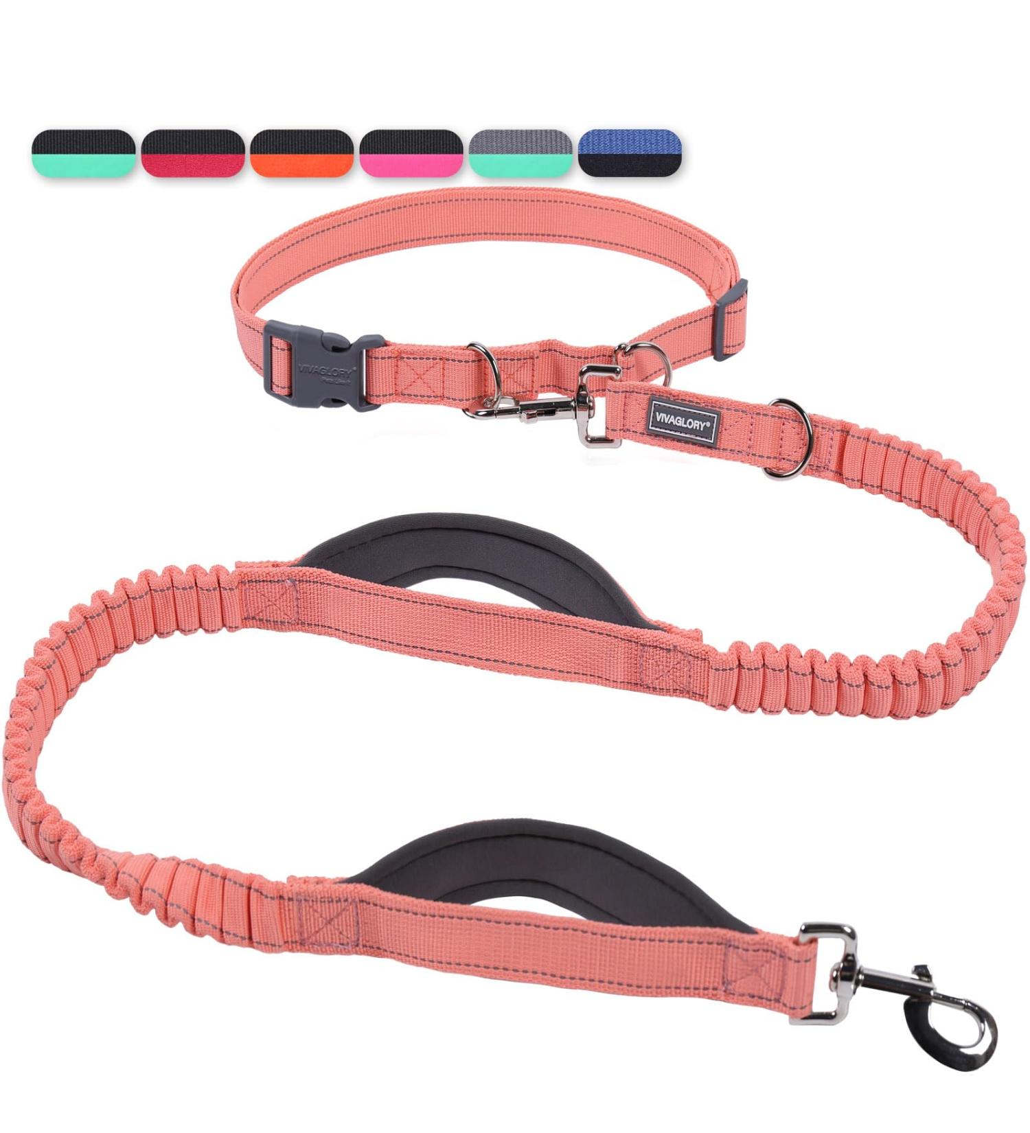 Vivaglory Reflective Waist Dog Leash for Medium Large Dogs - Anti-Shock Bungee Padded Handles Adjustable 65-112cm - Perfect for Training & Jogging - Pink & Gray - Buy Online on GoSupps.com